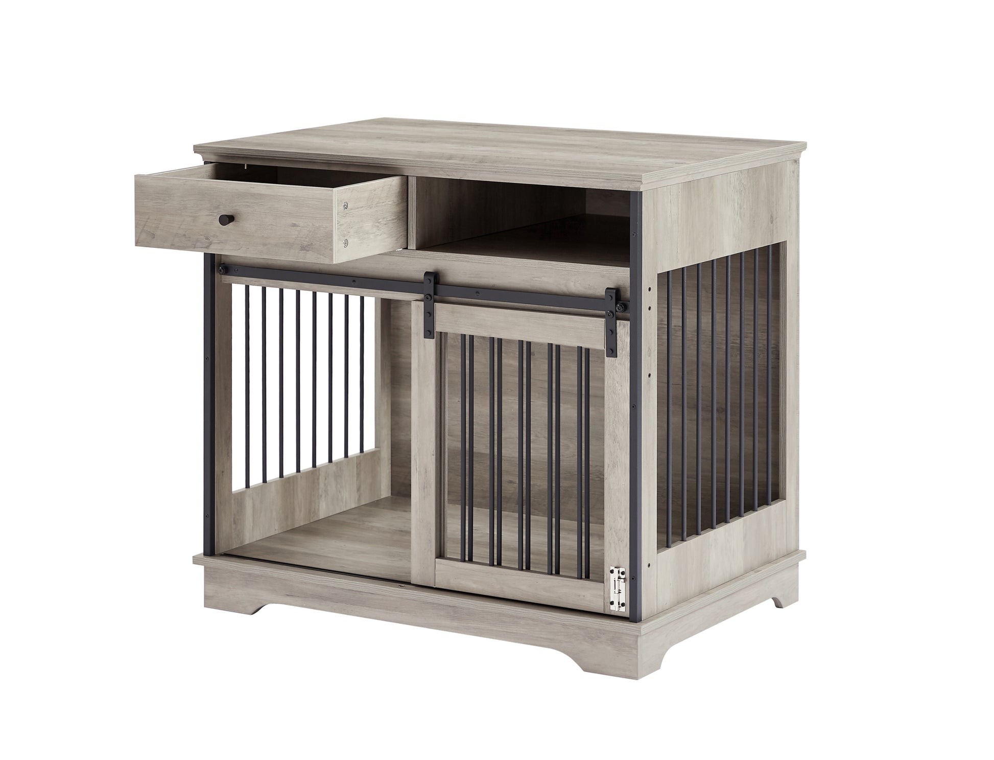 Sliding Door Dog Crate With Drawers. Grey,35.43'' W X 23.62'' D X 33.46'' H Grey Particle Board