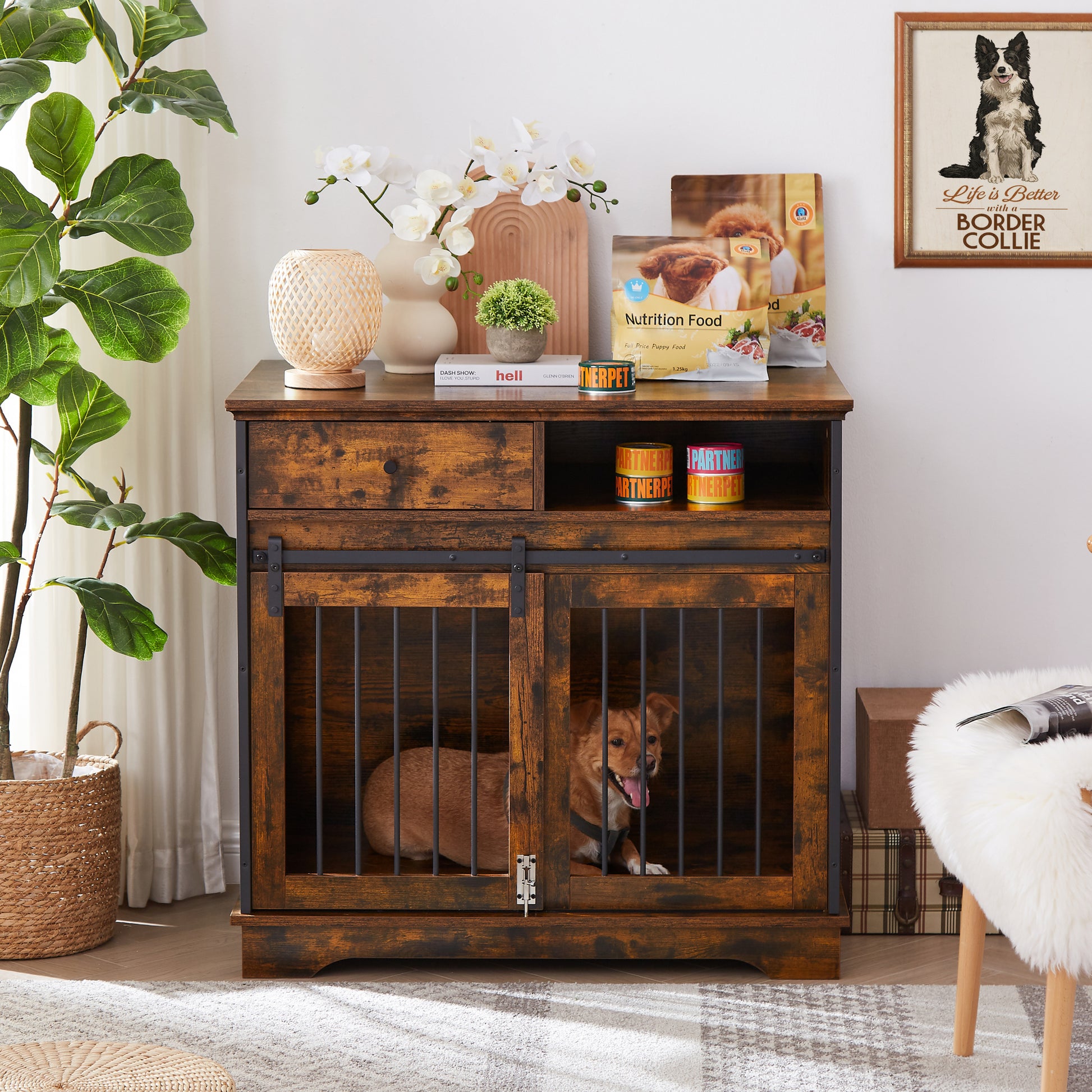 Sliding Door Dog Crate With Drawers. Rustic Brown, 35.43'' W X 23.62'' D X 33.46'' H Rustic Brown Particle Board