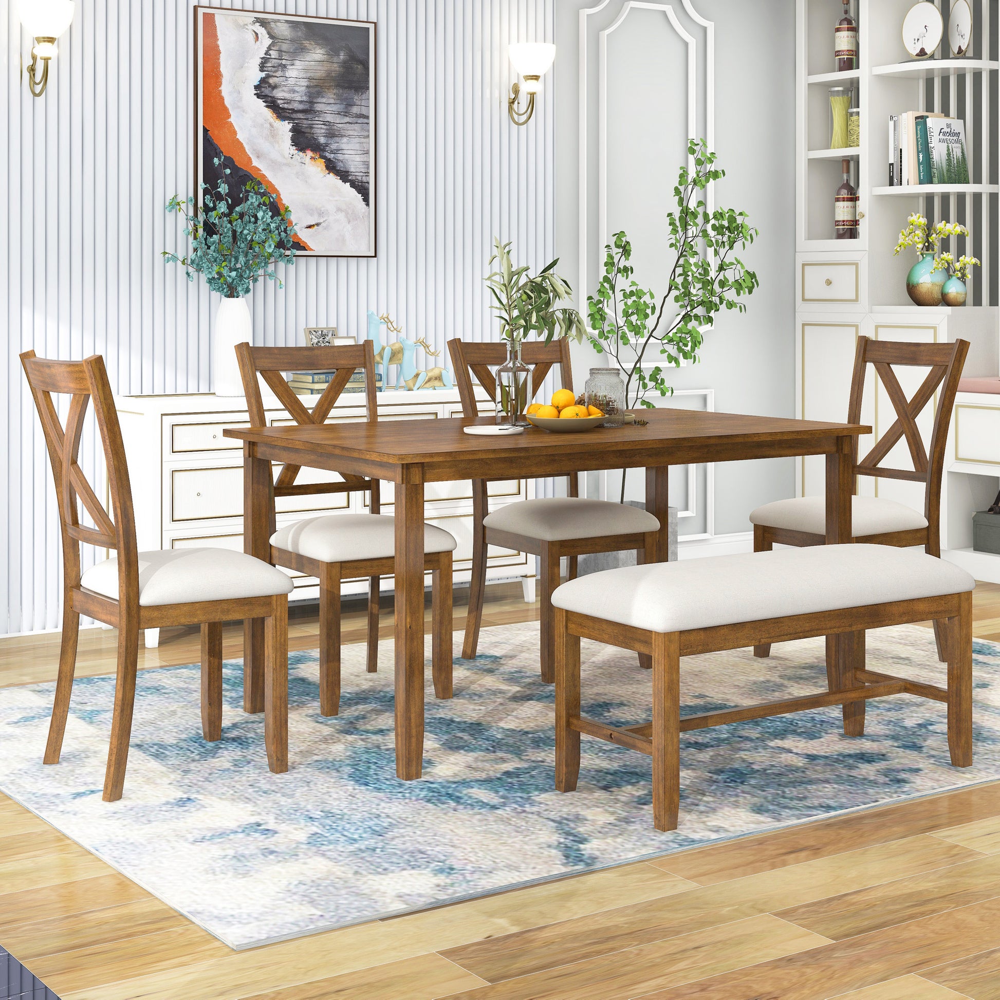 6 Piece Kitchen Dining Table Set Wooden Rectangular Dining Table, 4 Fabric Chairs And Bench Family Furniture Natural Cherry Natural Cherry Solid Wood