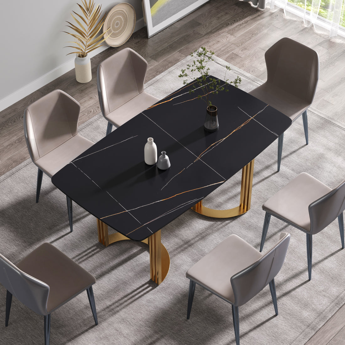 63"Modern Artificial Stone Black Curved Golden Metal Leg Dining Table 6 People Black Metal Sintered Stone
