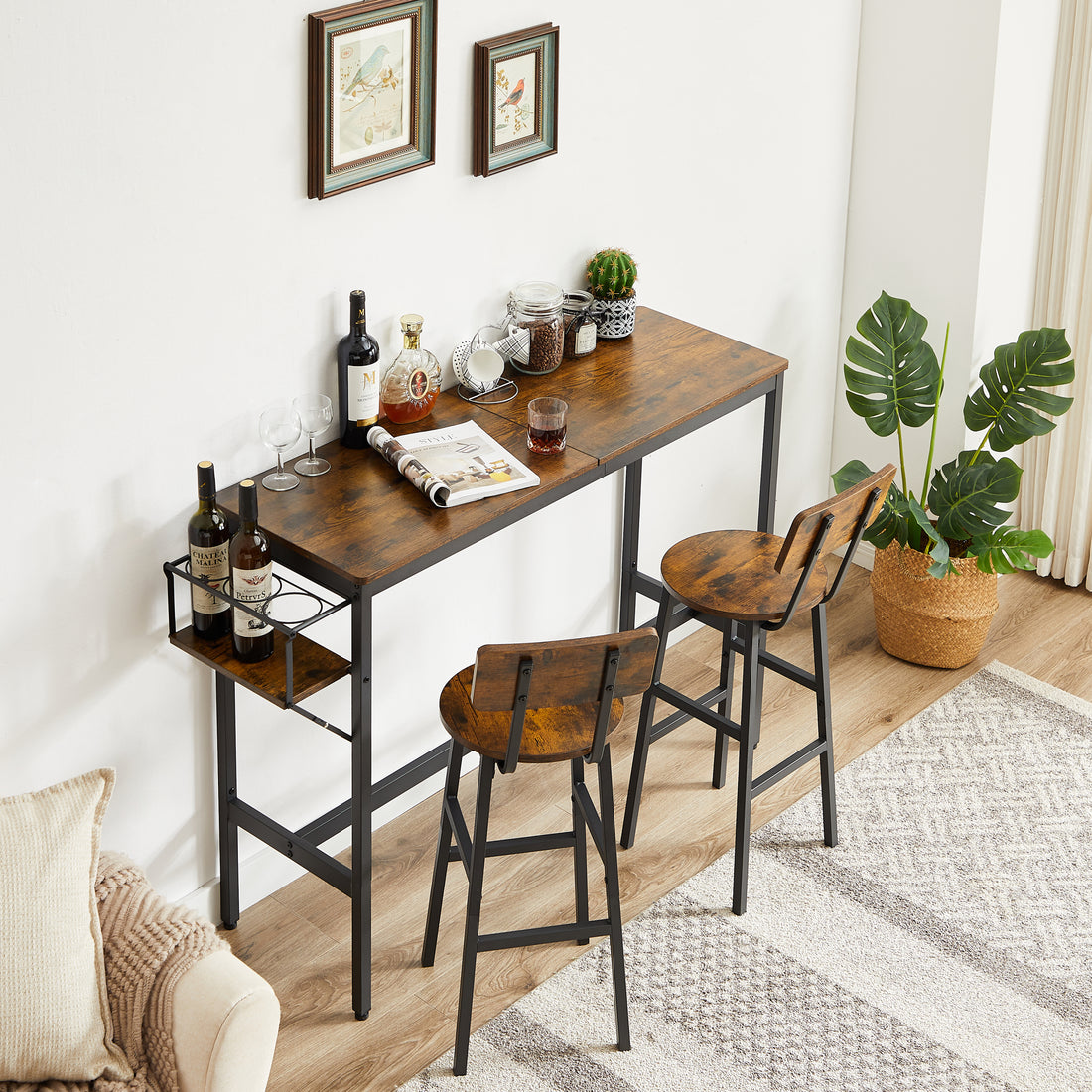 Bar Table Set With Wine Bottle Storage Rack. Rustic Brown, 47.24'' L X 15.75'' W X 35.43'' H. Rustic Brown Particle Board