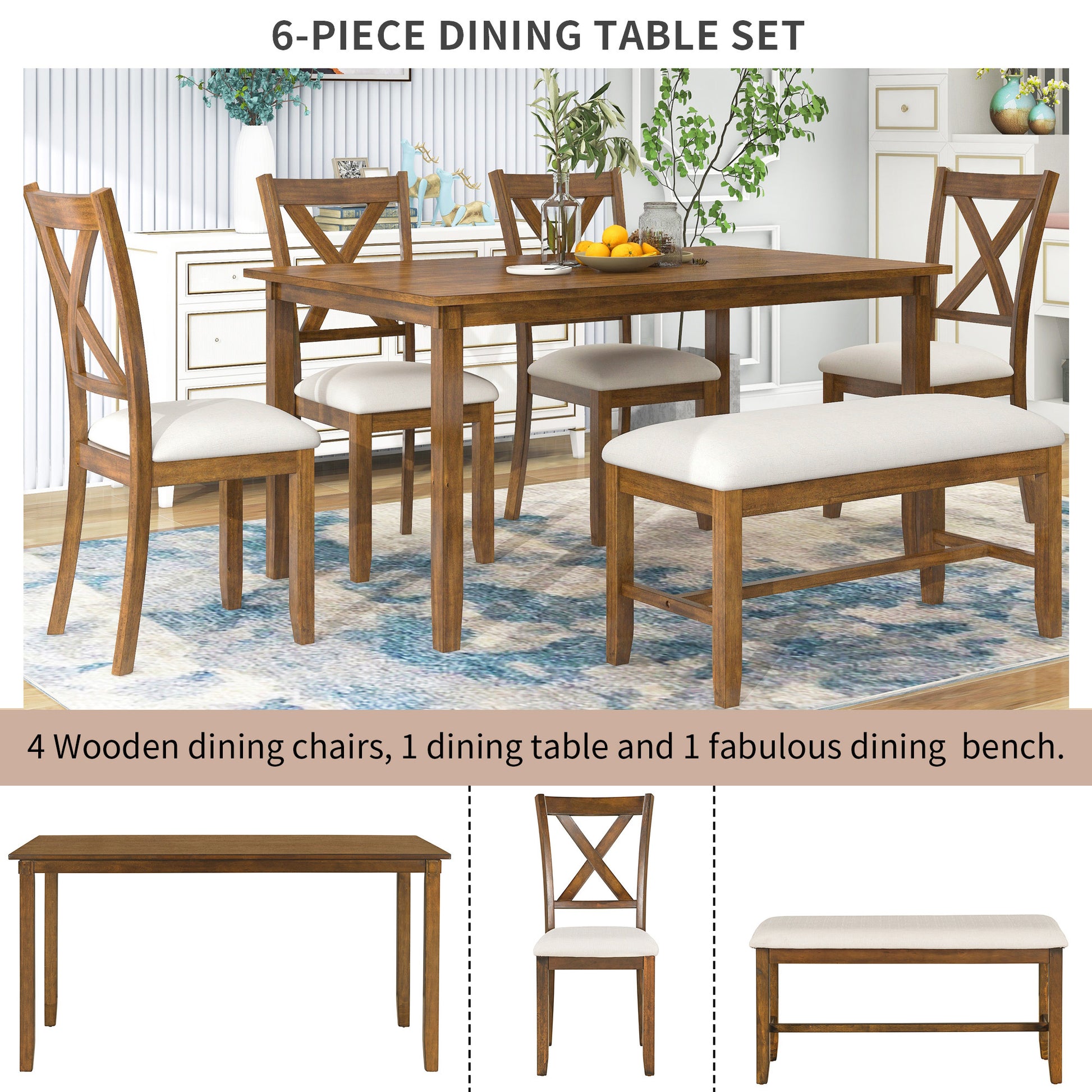 6 Piece Kitchen Dining Table Set Wooden Rectangular Dining Table, 4 Fabric Chairs And Bench Family Furniture Natural Cherry Natural Cherry Solid Wood