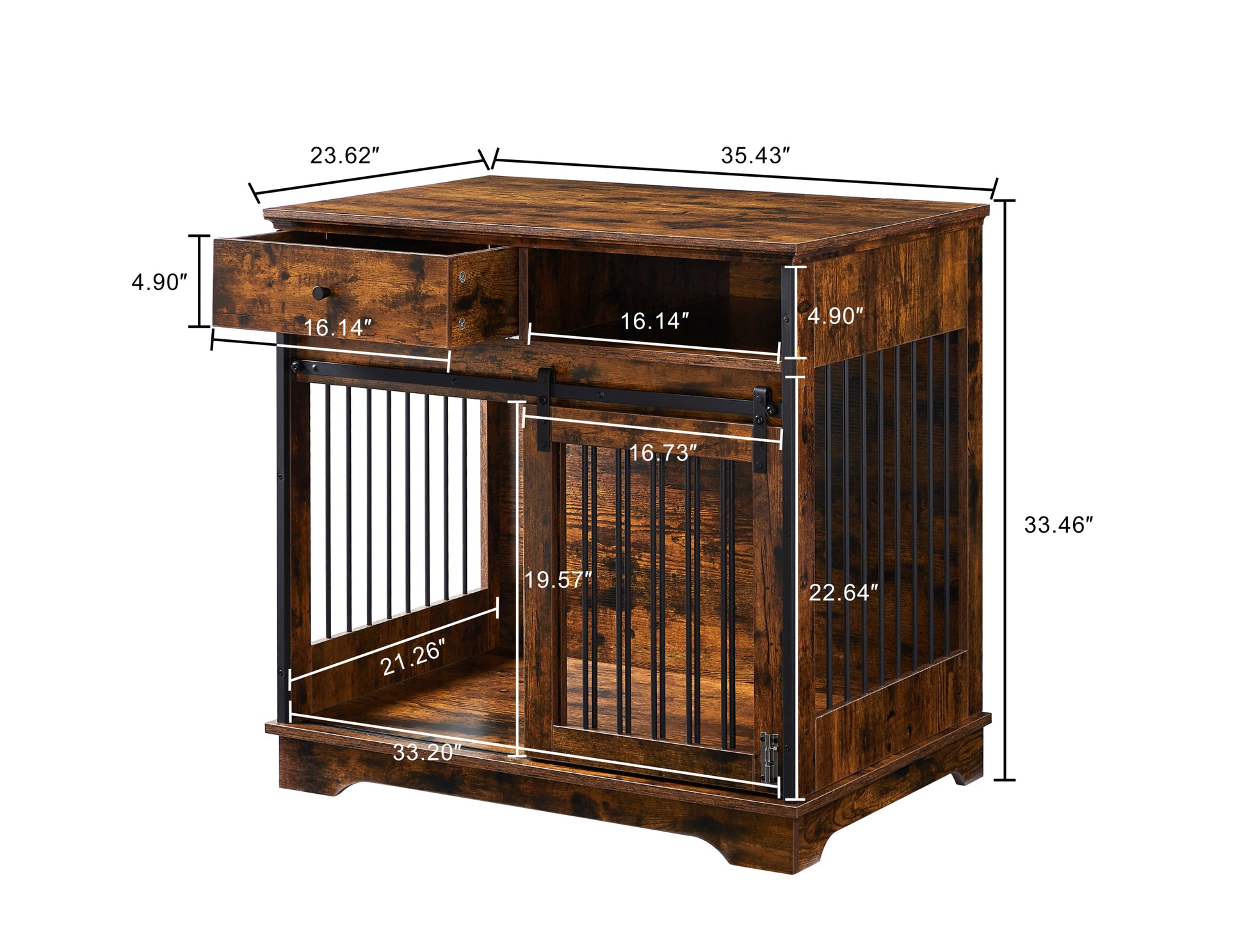 Sliding Door Dog Crate With Drawers. Rustic Brown, 35.43'' W X 23.62'' D X 33.46'' H Rustic Brown Particle Board