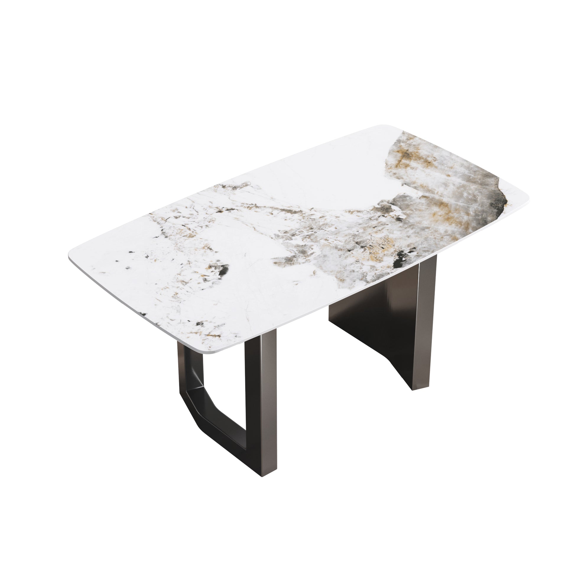 63"Modern Artificial Stone Pandora White Curved Black Metal Leg Dining Table 6 People Antique White Metal Sintered Stone