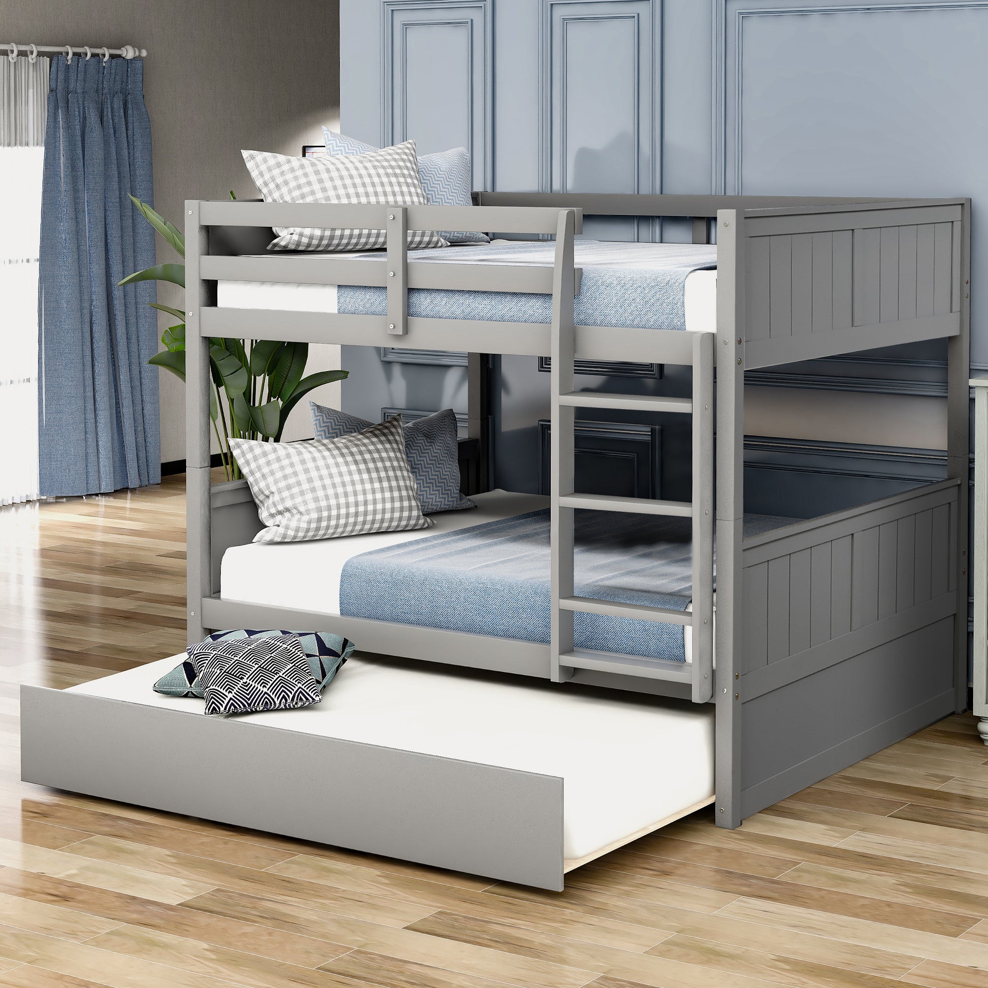 Full Over Full Bunk Bed With Twin Size Trundle, Gray Old Sku: Lp000250Aae Full Gray Solid Wood