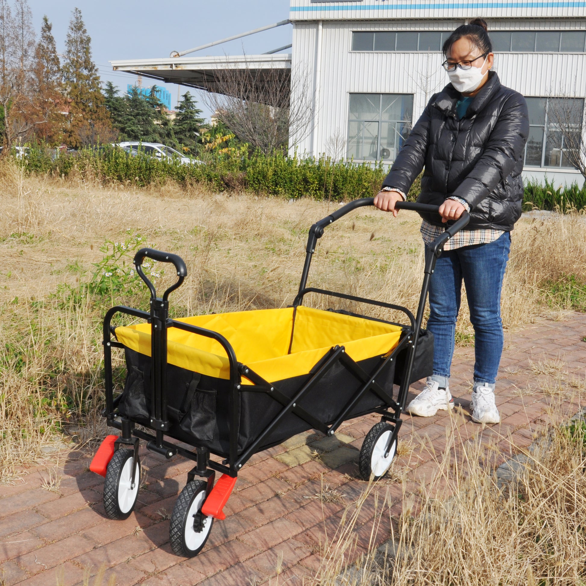 Folding Wagon Collapsible Outdoor Utility Wagon, Heavy Duty Folding Garden Portable Hand Cart, Drink Holder, Adjustable Handles Yellow Steel