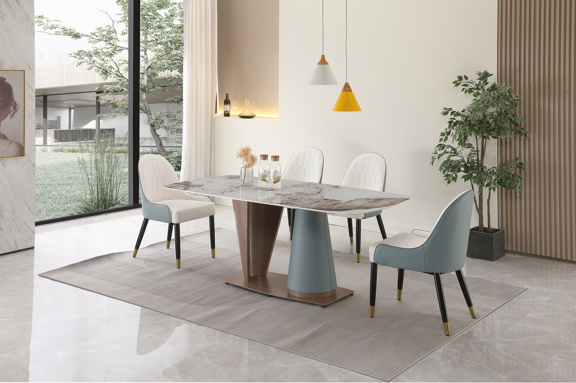 71" Pandora Color Sintered Stone Dining Table With 6 Pcs Chairs Beige Brown Carbon Steel Sintered Stone