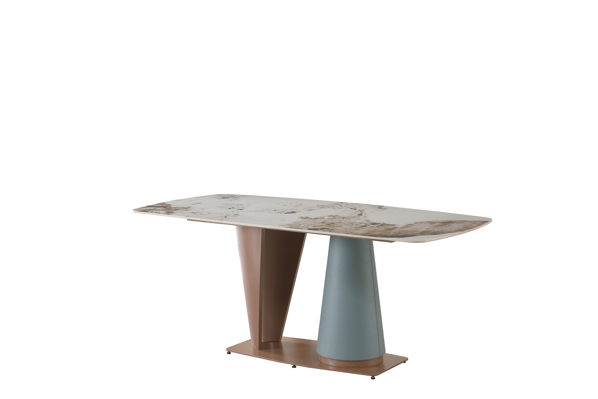 71" Pandora Color Sintered Stone Dining Table With Cone Shape Pedestal Base In Champagne And Blue Color Multicolor Metal Carbon Steel