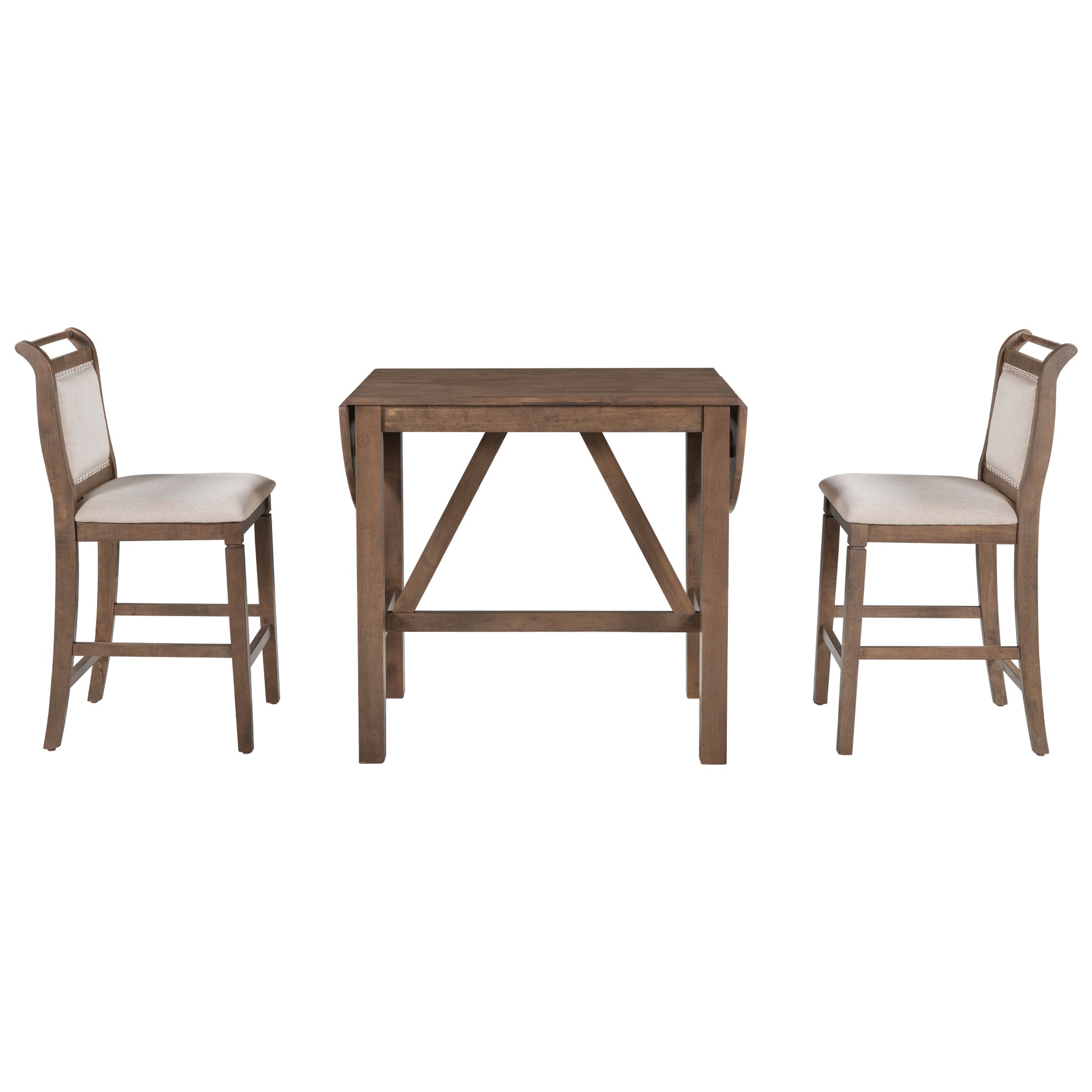 3 Piece Wood Counter Height Drop Leaf Dining Table Set With 2 Upholstered Dining Chairs For Small Place, Brown Brown Wood Dining Room Folding Rubberwood Oval Dining Table With Chair Upholstered Chair Wood Brown Solid Back Seats 2 60 Inches Drop Leaf