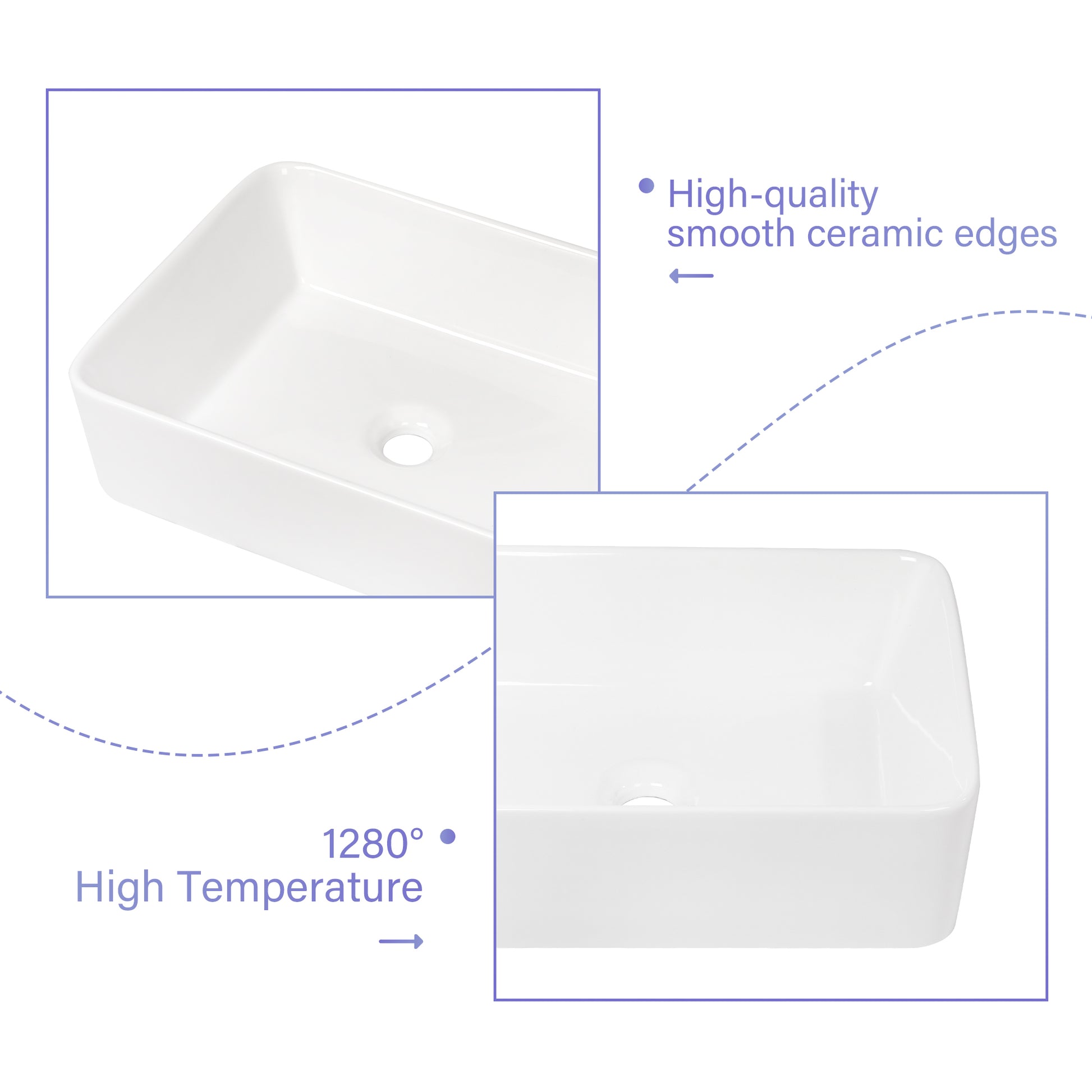 19"X15" White Ceramic Rectangular Vessel Bathroom Sink White Ceramic