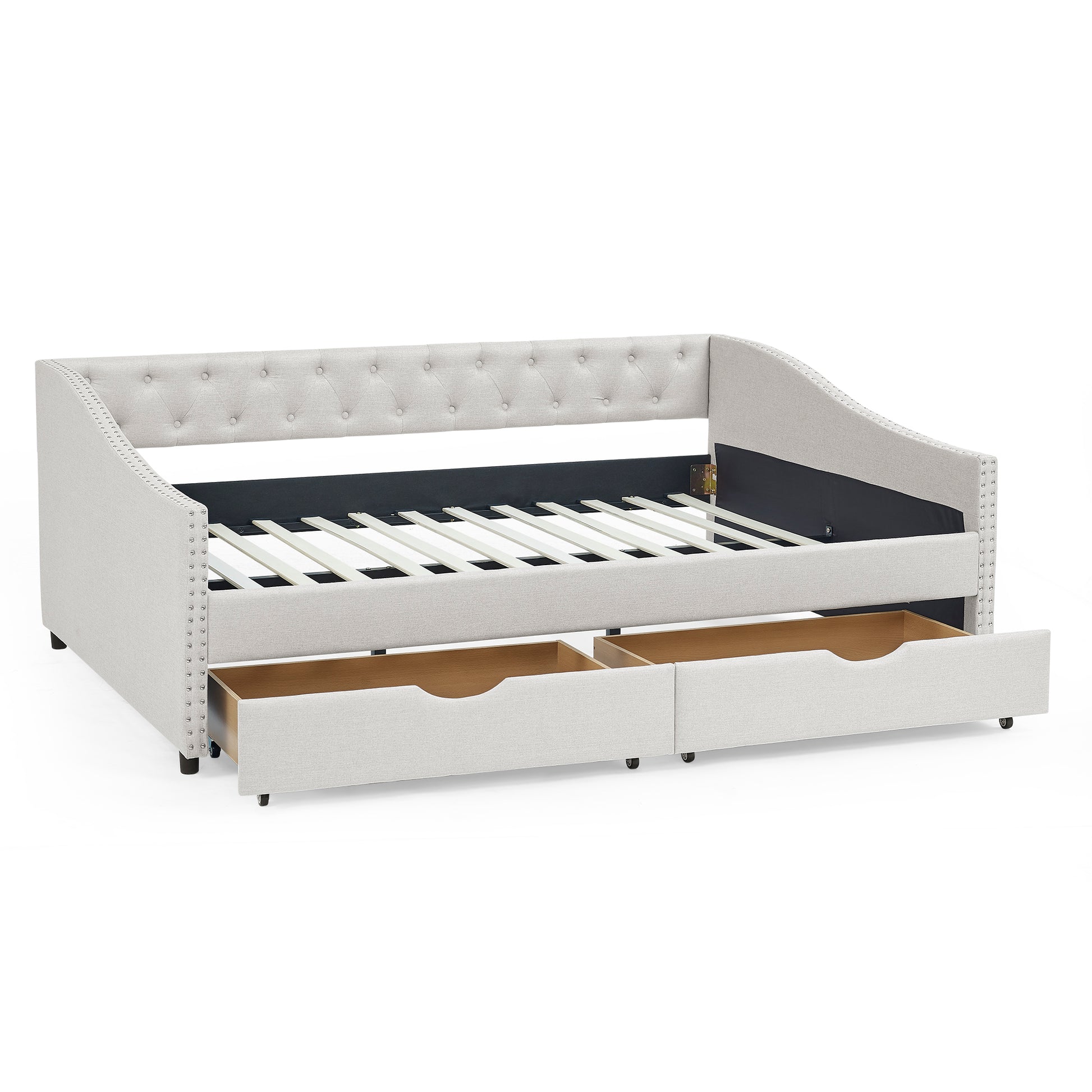 Full Size Daybed With Drawers Upholstered Tufted Sofa Bed, With Button On Back And Copper Nail On Waved Shape Arms, Beige 80.5''X55.5''X27.5'' Full Beige Linen