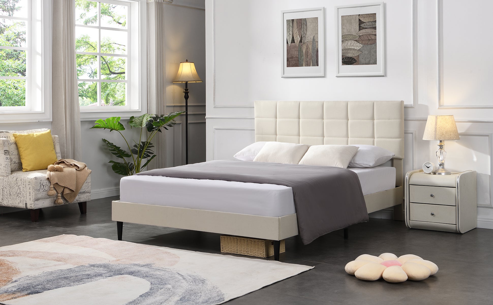 Full Size Platform Bed Frame with Fabric Upholstered beige-metal & wood