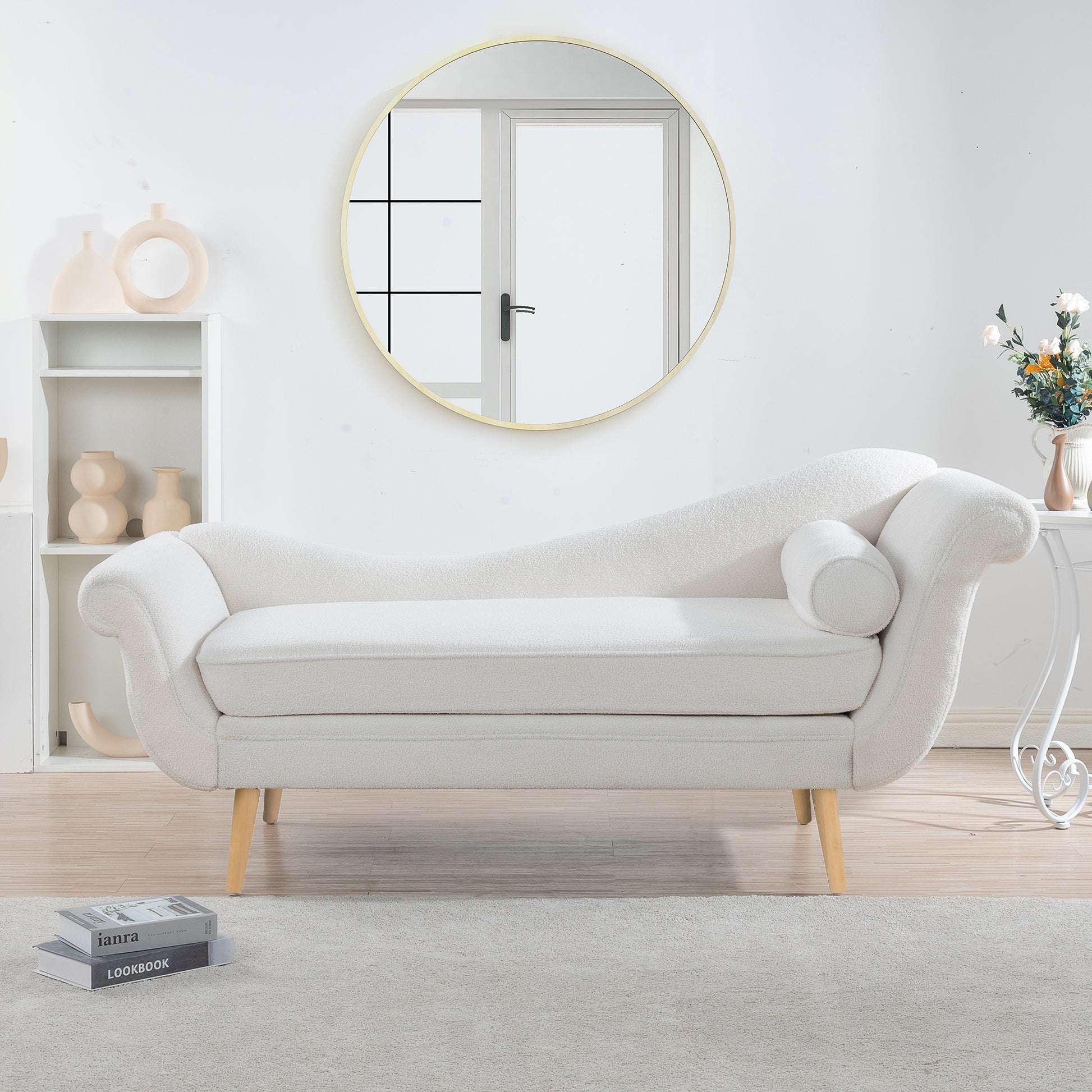 Chaise Lounge With Scroll Arms White Fabric