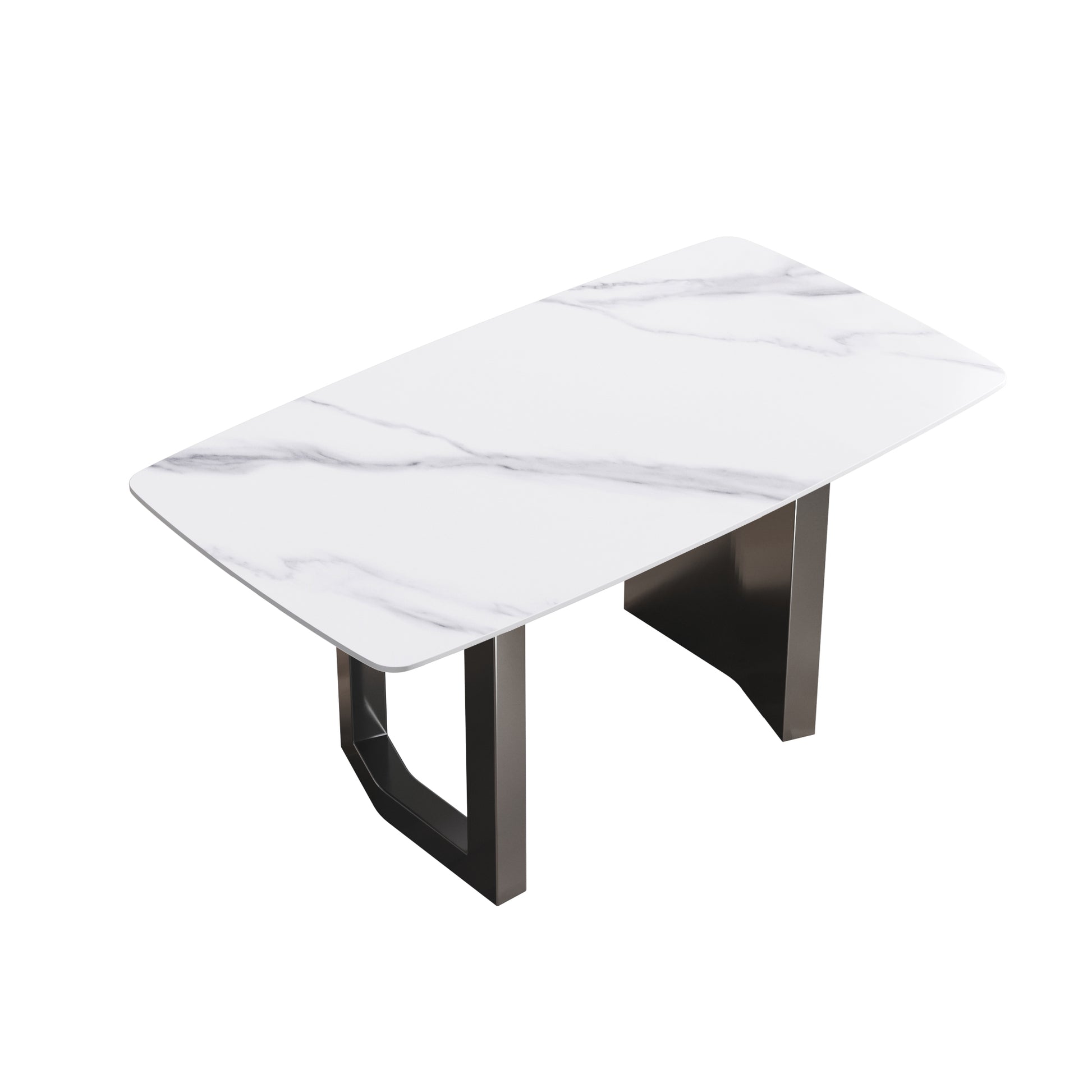 63"Modern Artificial Stone White Curved Black Metal Leg Dining Table 6 People White Metal Sintered Stone