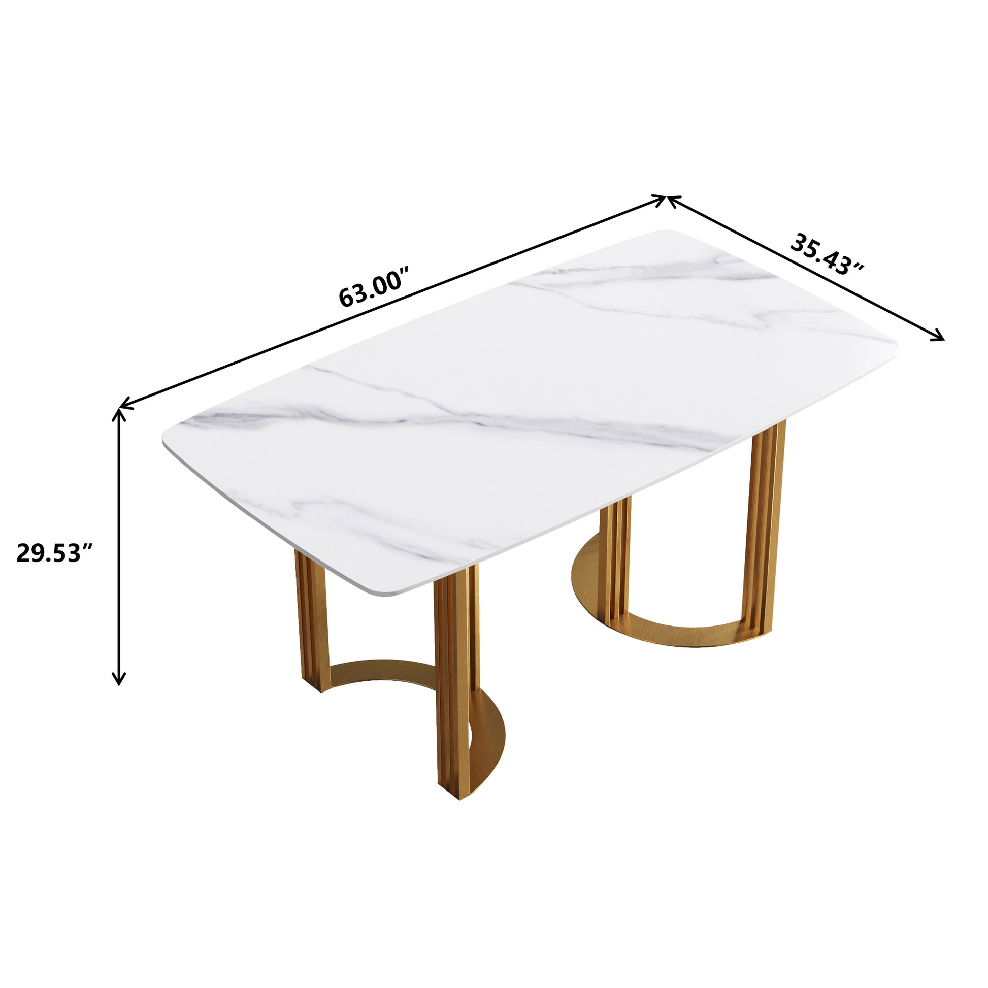 63"Modern Artificial Stone White Curved Golden Metal Leg Dining Table 6 People White Metal Sintered Stone