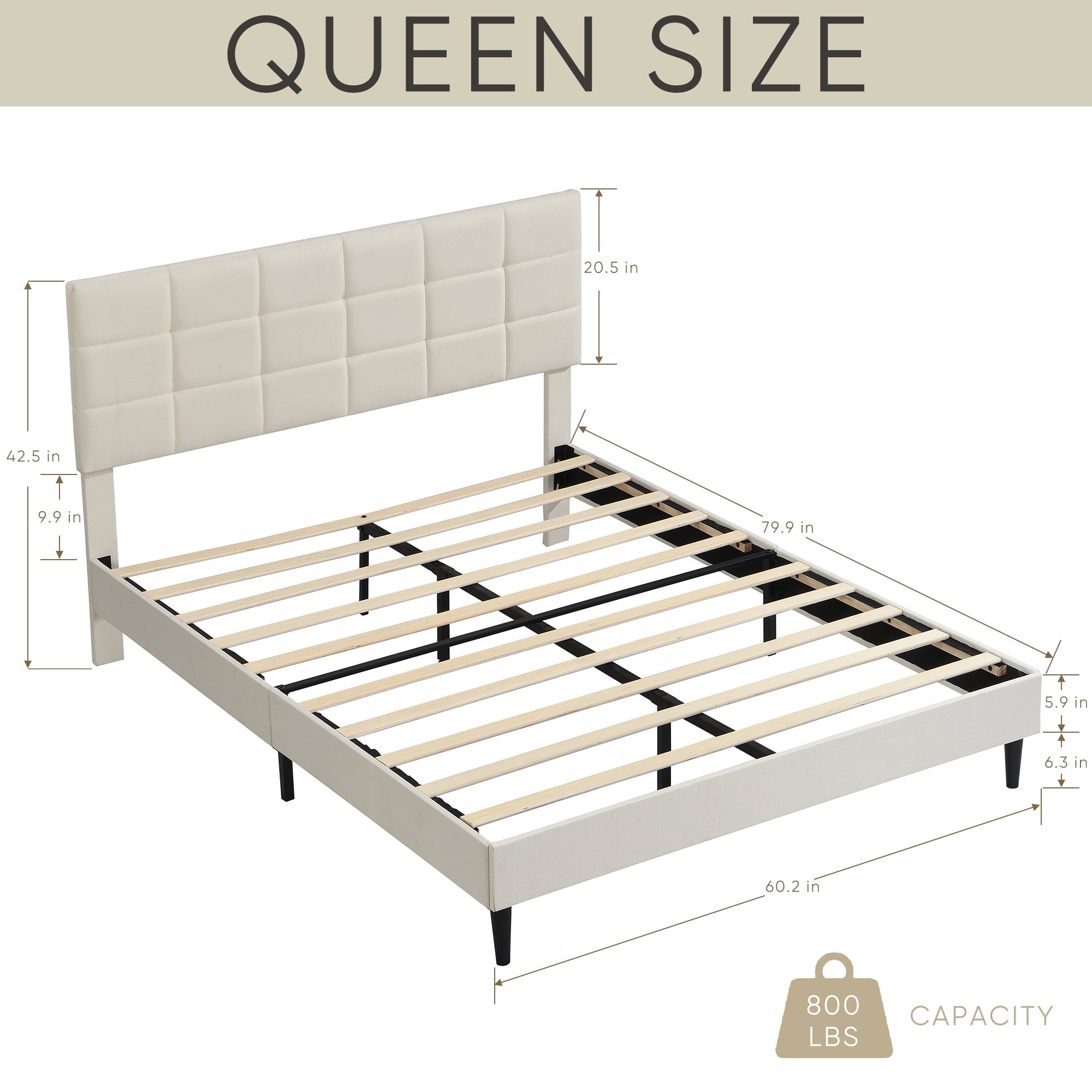 Queen Size Platform Bed Frame with Fabric Upholstered beige-metal & wood