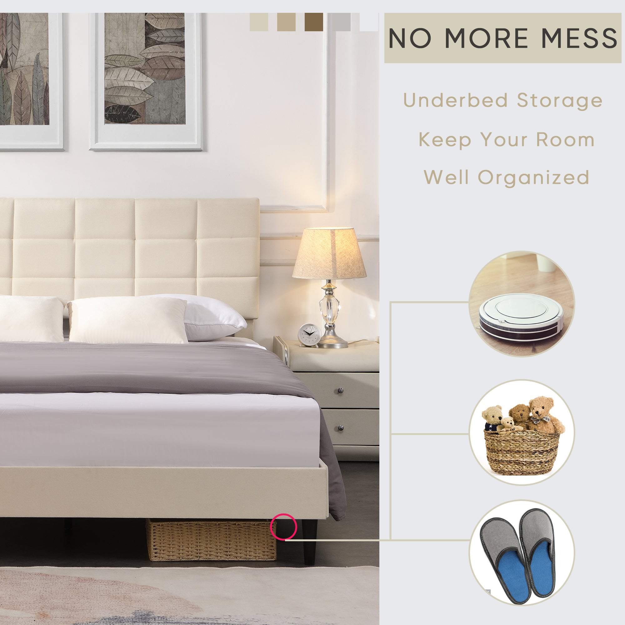 Full Size Platform Bed Frame with Fabric Upholstered beige-metal & wood