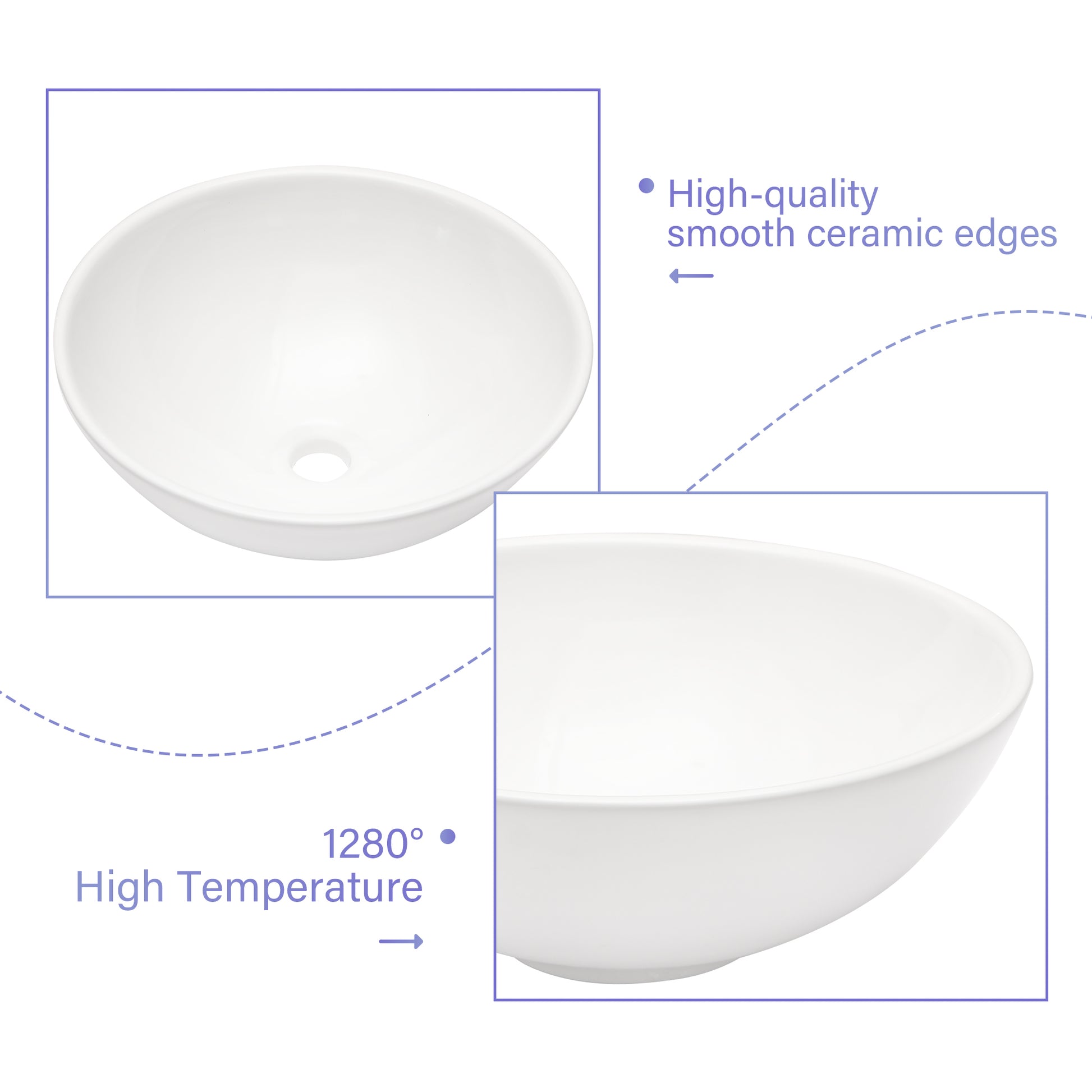 16"X16" White Ceramic Round Vessel Bathroom Sink White Ceramic