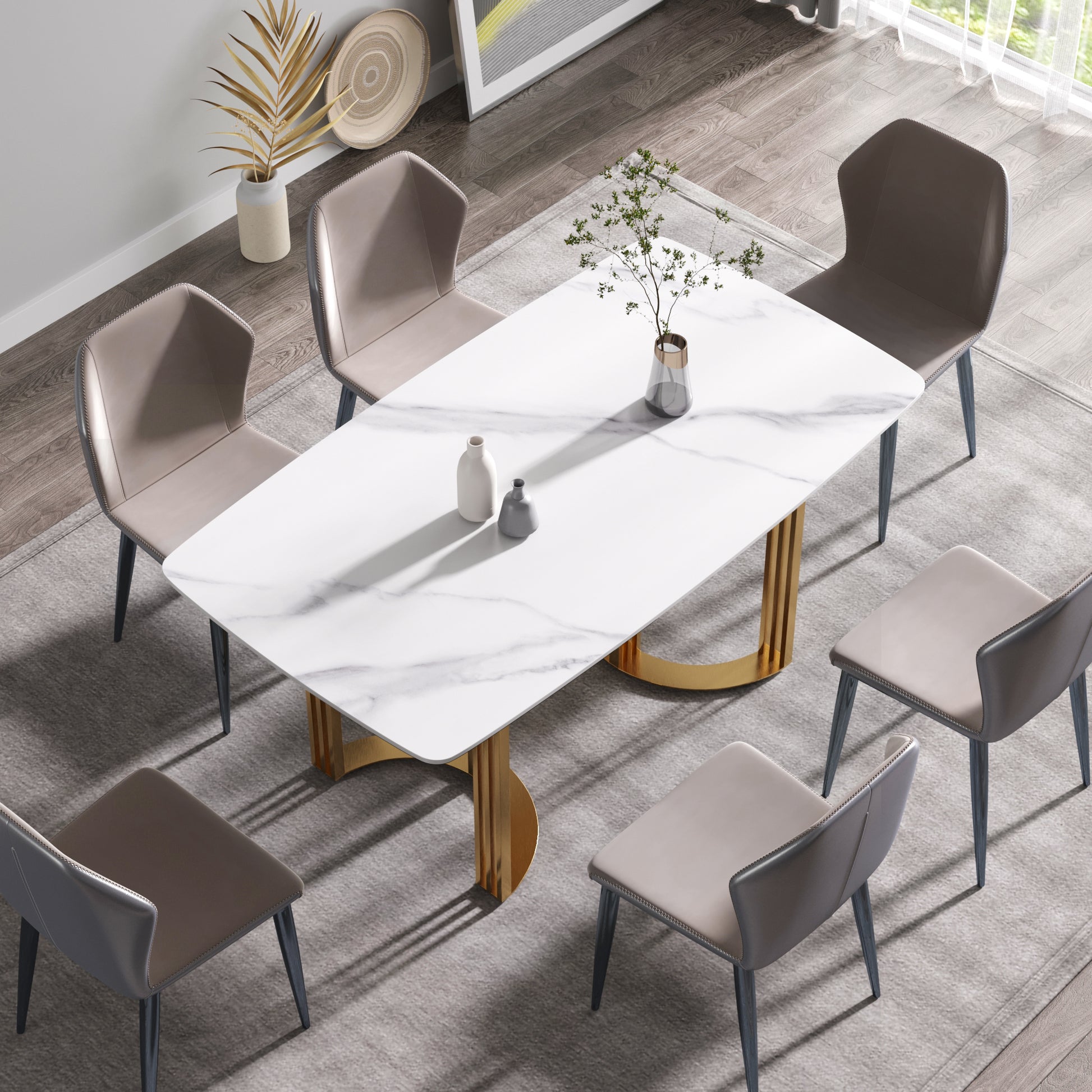 63"Modern Artificial Stone White Curved Golden Metal Leg Dining Table 6 People White Metal Sintered Stone