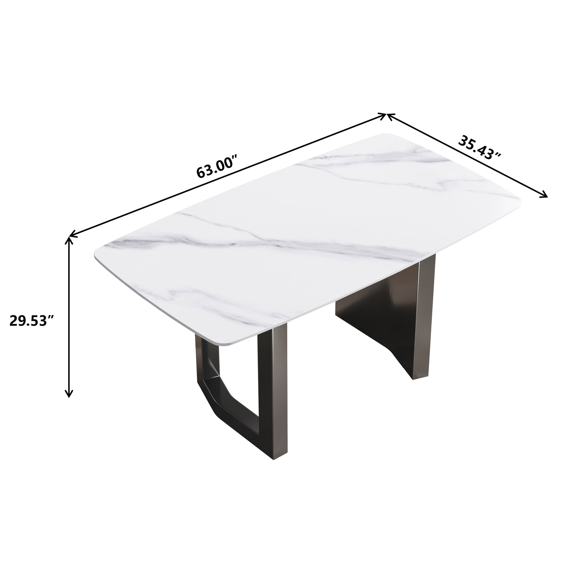 63"Modern Artificial Stone White Curved Black Metal Leg Dining Table 6 People White Metal Sintered Stone