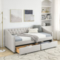 Twin Size Daybed With Drawers Upholstered Tufted Sofa Bed, With Button On Back And Copper Nail On Waved Shape Arms, Beige 81.5''X41''X30.5'' Beige Linen