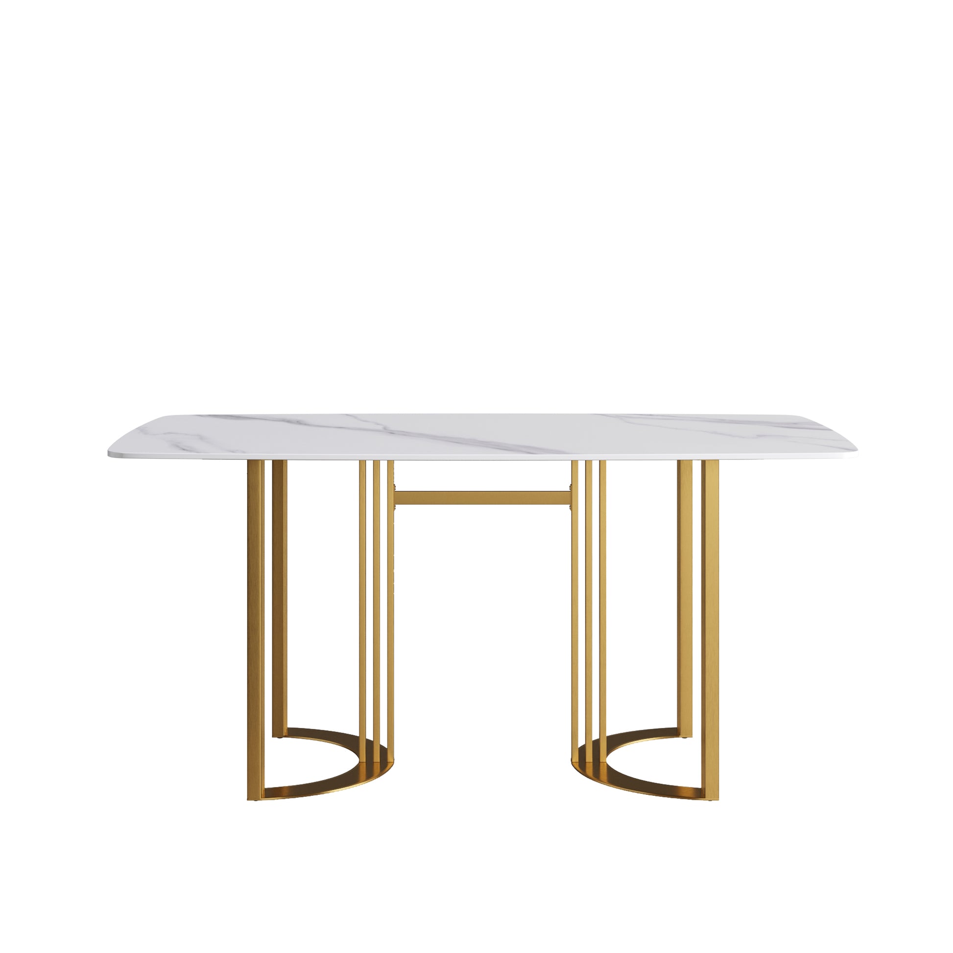 63"Modern Artificial Stone White Curved Golden Metal Leg Dining Table 6 People White Metal Sintered Stone