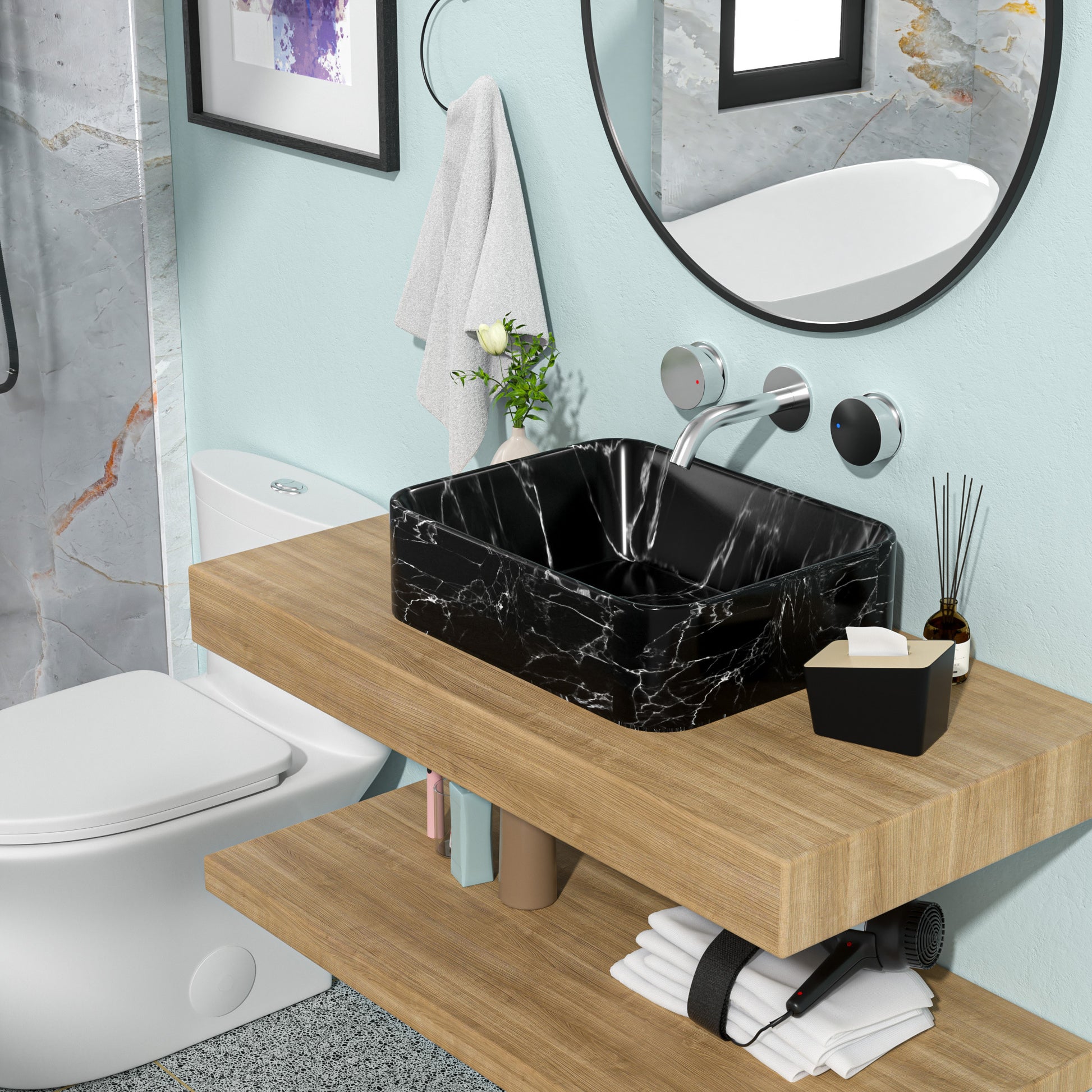 19"X15" Black And Gray Marble Pattern Ceramic Rectangular Vessel Bathroom Sink Black Gray Ceramic