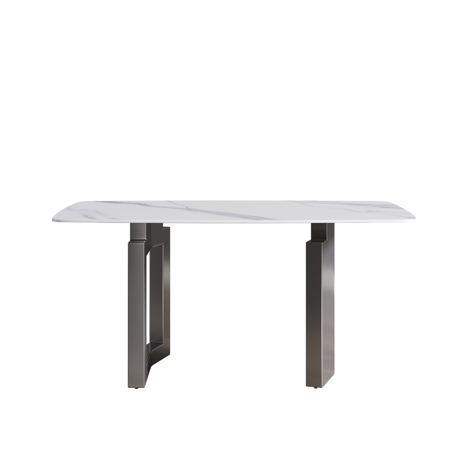 63"Modern Artificial Stone White Curved Black Metal Leg Dining Table 6 People White Metal Sintered Stone