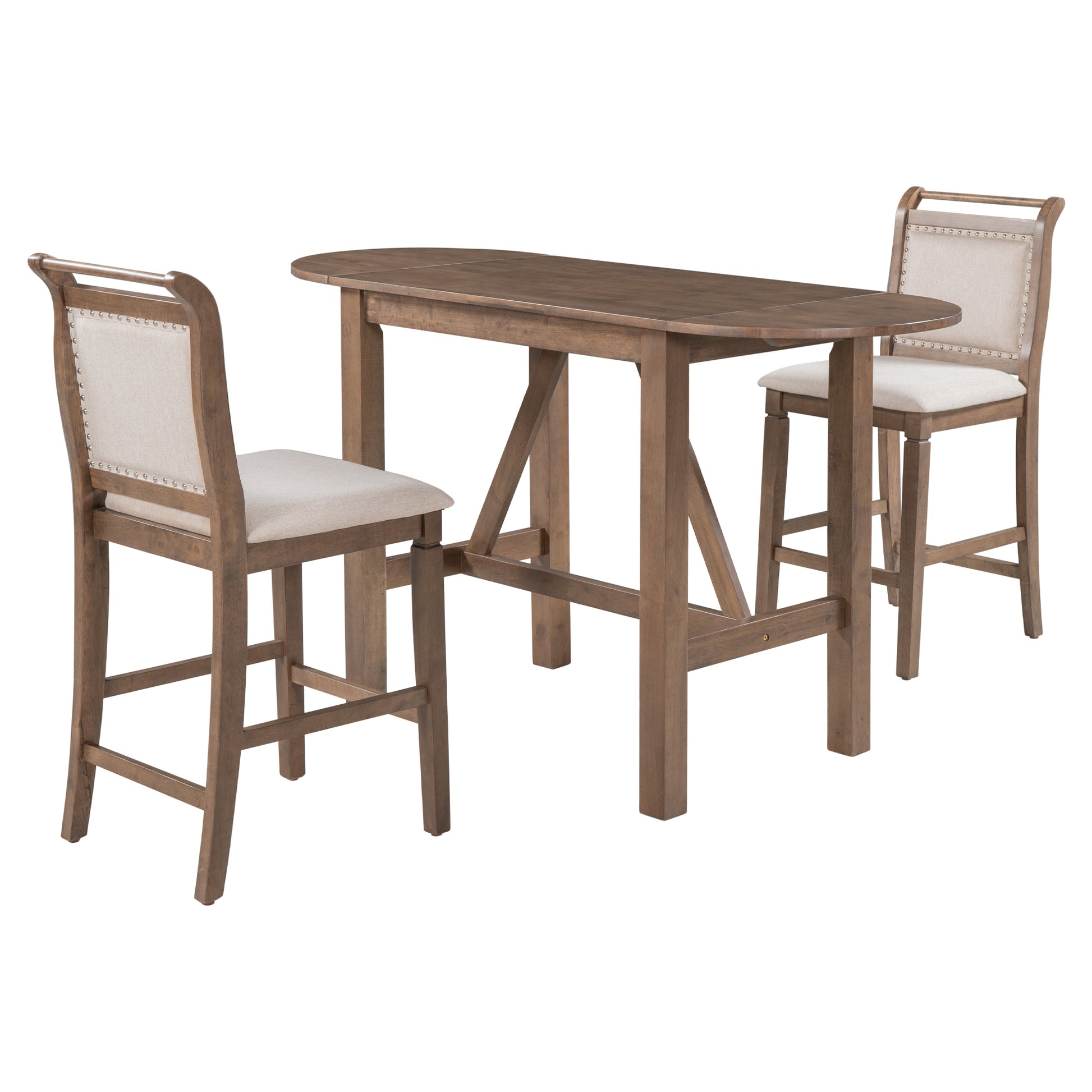 3 Piece Wood Counter Height Drop Leaf Dining Table Set With 2 Upholstered Dining Chairs For Small Place, Brown Brown Wood Dining Room Folding Rubberwood Oval Dining Table With Chair Upholstered Chair Wood Brown Solid Back Seats 2 60 Inches Drop Leaf