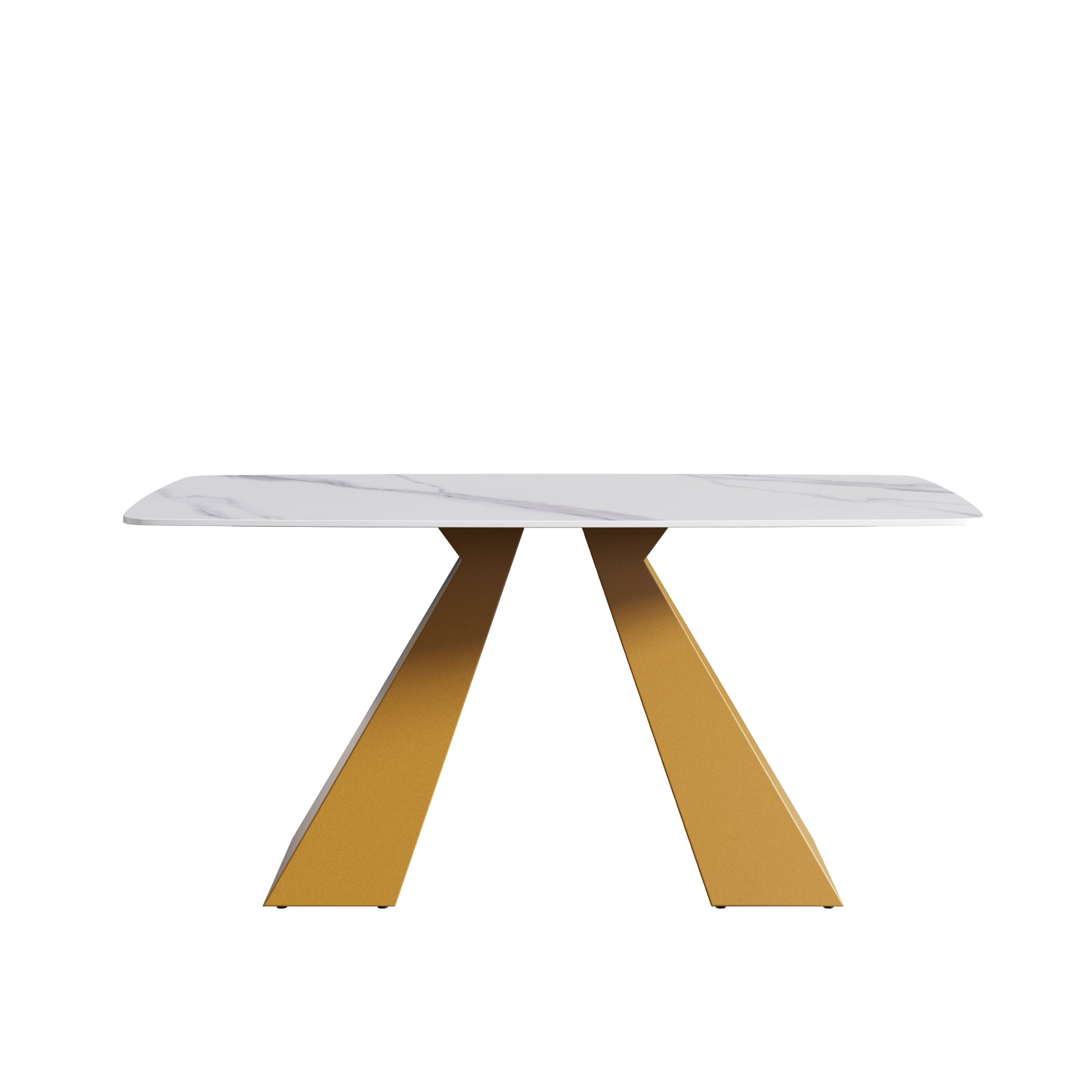 63"Modern Artificial Stone White Curved Golden Metal Leg Dining Table 6 People White Metal Sintered Stone