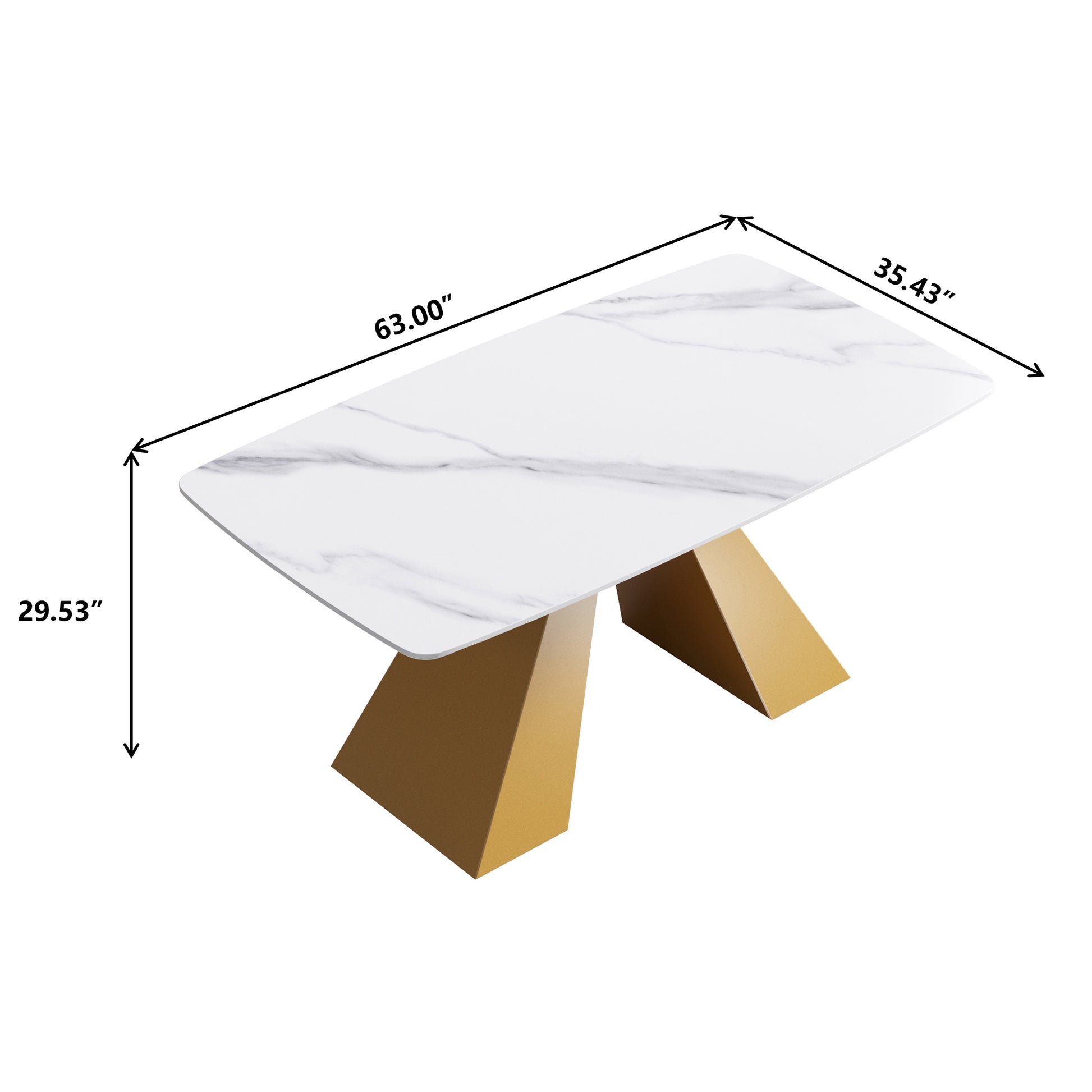 63"Modern Artificial Stone White Curved Golden Metal Leg Dining Table 6 People White Metal Sintered Stone