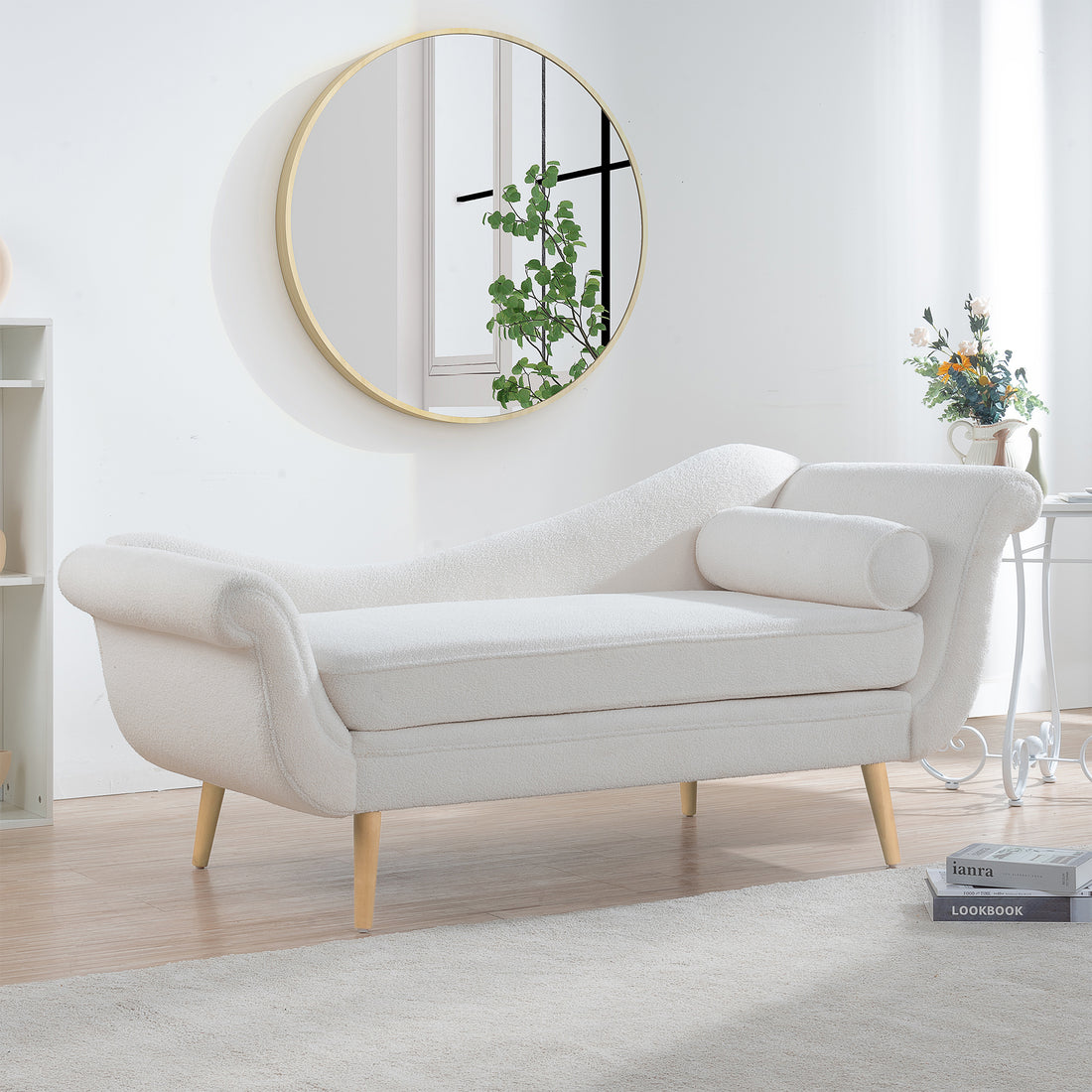 Chaise Lounge With Scroll Arms White Fabric