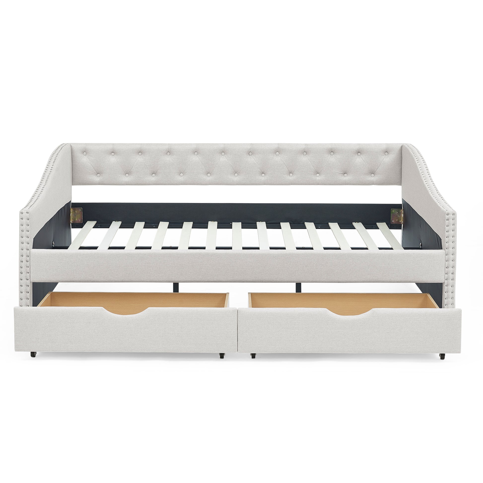 Full Size Daybed With Drawers Upholstered Tufted Sofa Bed, With Button On Back And Copper Nail On Waved Shape Arms, Beige 80.5''X55.5''X27.5'' Full Beige Linen