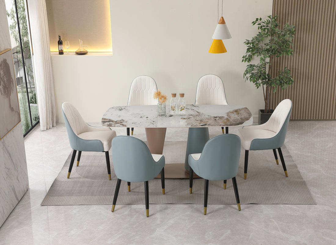 71" Pandora Color Sintered Stone Dining Table With Cone Shape Pedestal Base In Champagne And Blue Color Multicolor Metal Carbon Steel