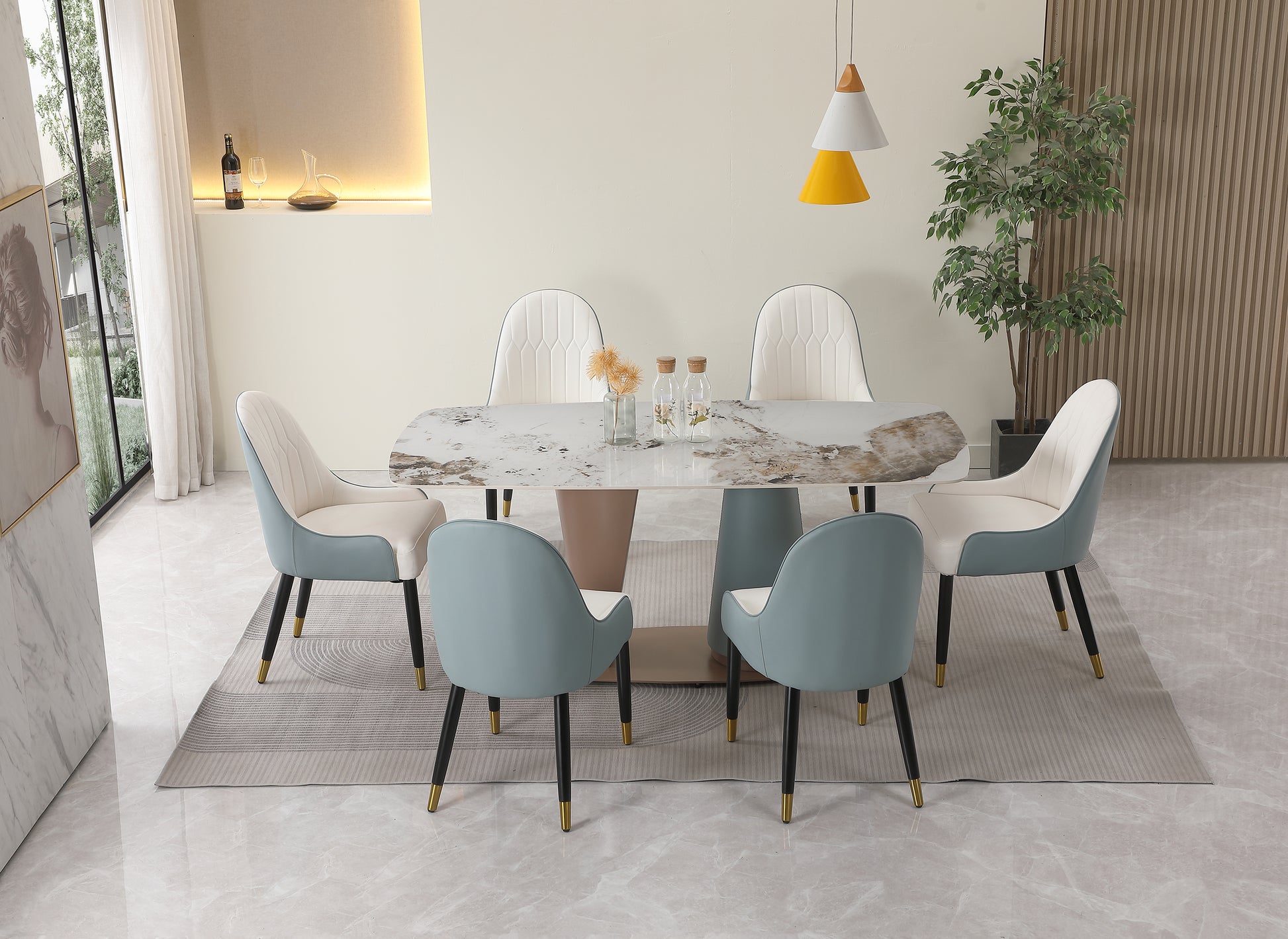 71" Pandora Color Sintered Stone Dining Table With 6 Pcs Chairs Beige Brown Carbon Steel Sintered Stone