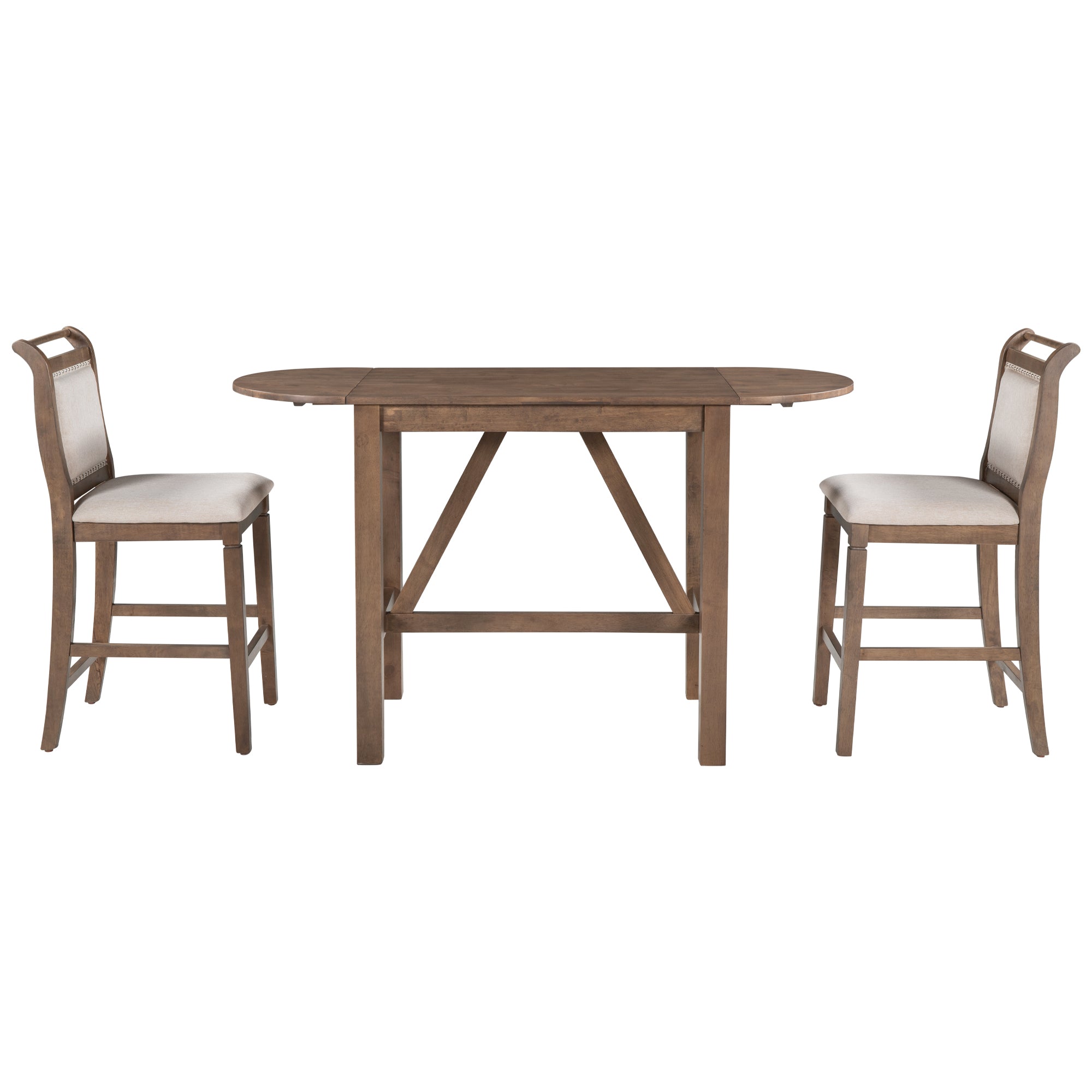 3 Piece Wood Counter Height Drop Leaf Dining Table Set With 2 Upholste