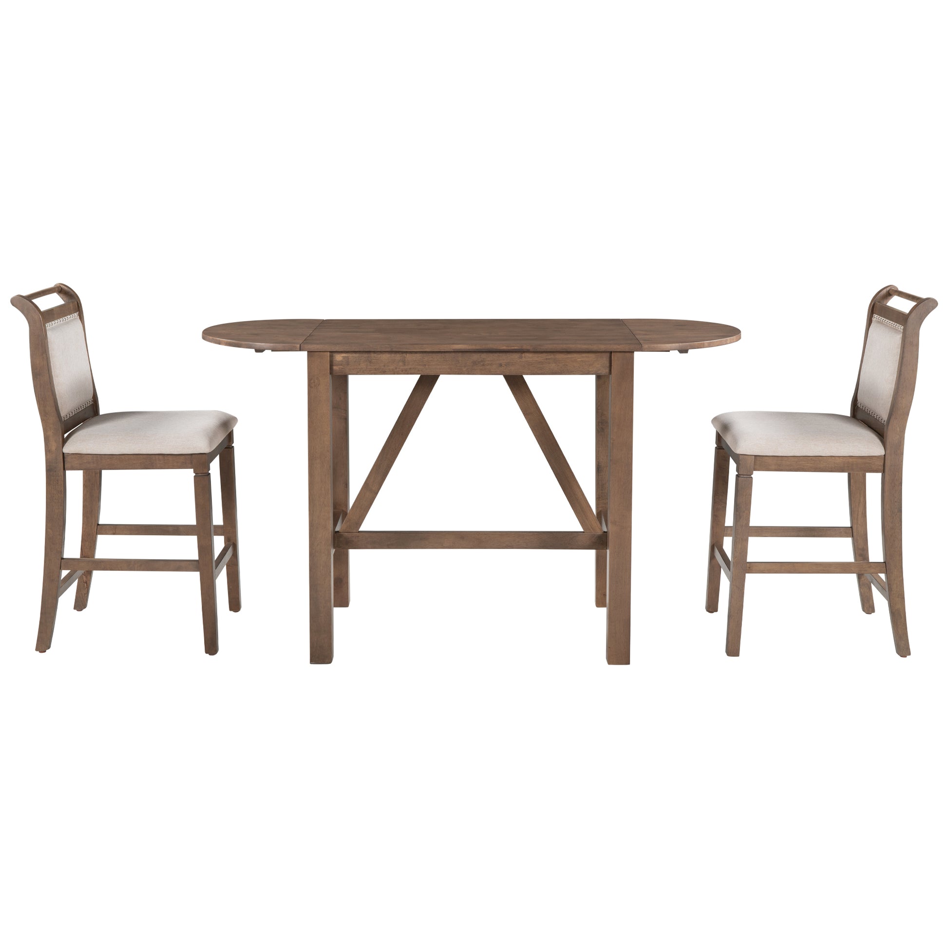 3 Piece Wood Counter Height Drop Leaf Dining Table Set With 2 Upholstered Dining Chairs For Small Place, Brown Brown Wood Dining Room Folding Rubberwood Oval Dining Table With Chair Upholstered Chair Wood Brown Solid Back Seats 2 60 Inches Drop Leaf