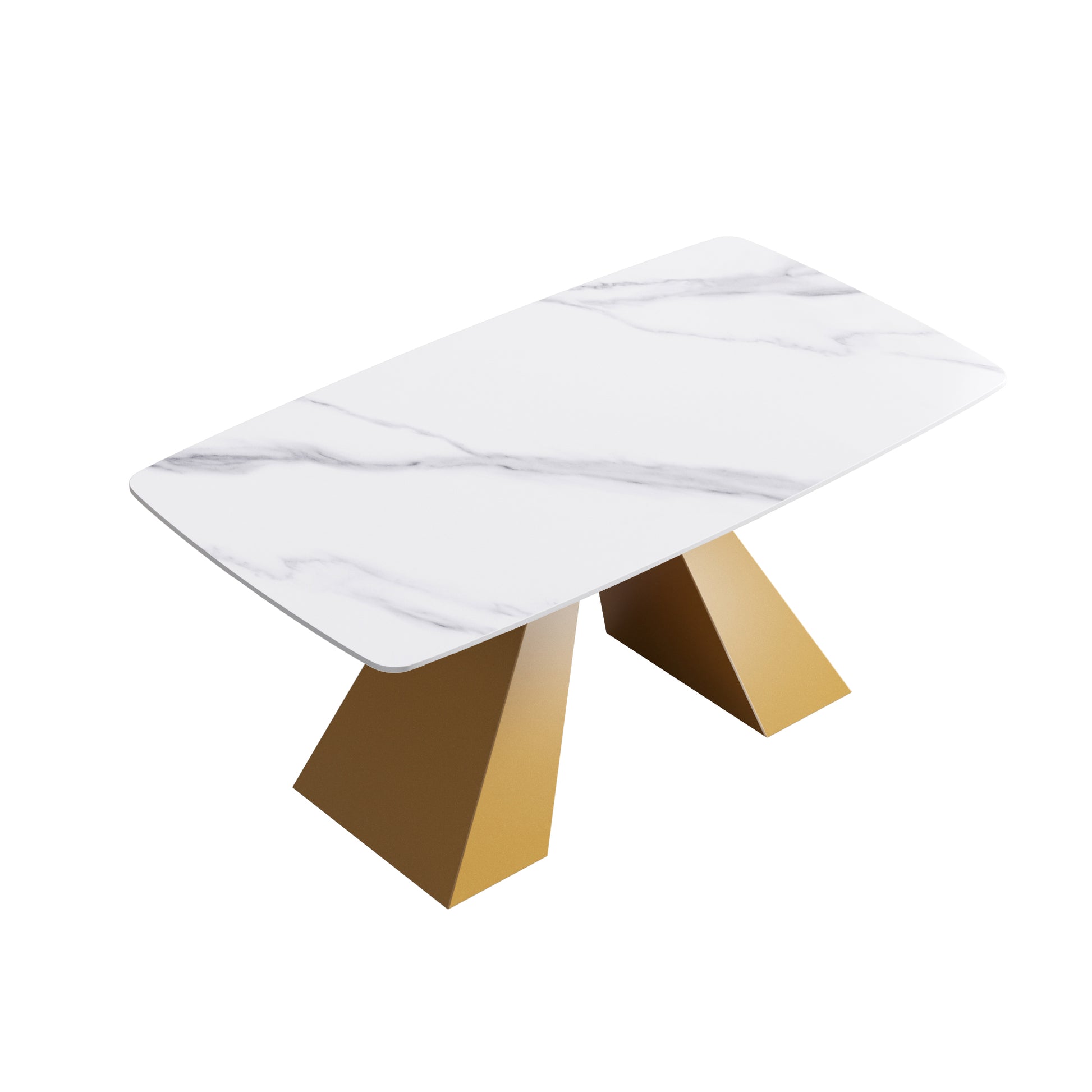 63"Modern Artificial Stone White Curved Golden Metal Leg Dining Table 6 People White Metal Sintered Stone
