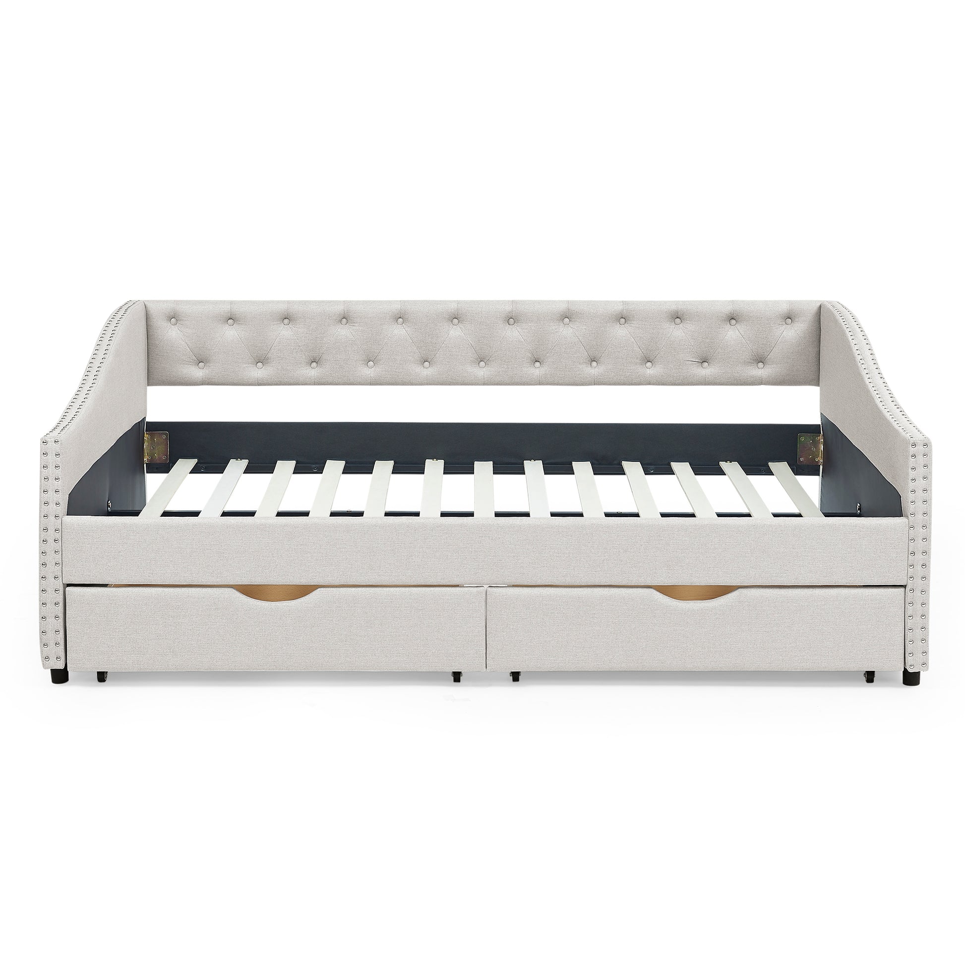 Full Size Daybed With Drawers Upholstered Tufted Sofa Bed, With Button On Back And Copper Nail On Waved Shape Arms, Beige 80.5''X55.5''X27.5'' Full Beige Linen