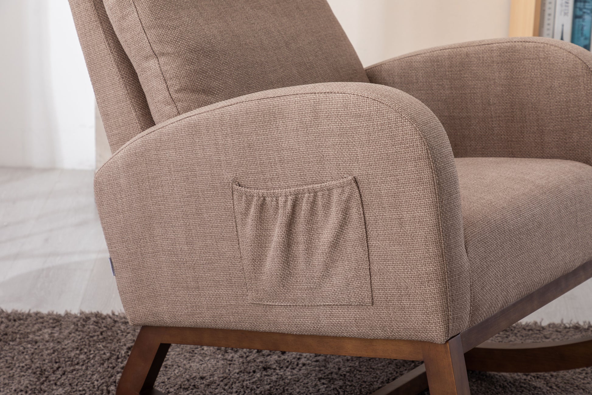 Coolmore Rocking Chair, Modern Glider Chair, Recliner Armchair With Wood Legs And Side Pocket, Nursery Rocking Accent Chair With High Back For Living Room Bedroom Camel Linen Camel Foam Solid Wood