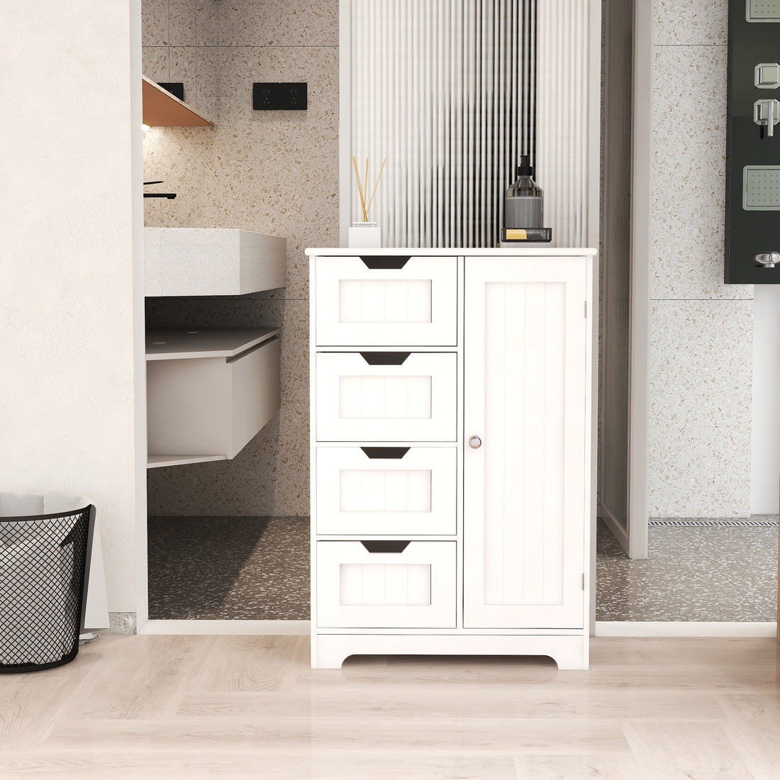 White Freestanding Floor Storage Cabinet With Adjustable Shelves, 4 Drawers And 1 Door White Mdf