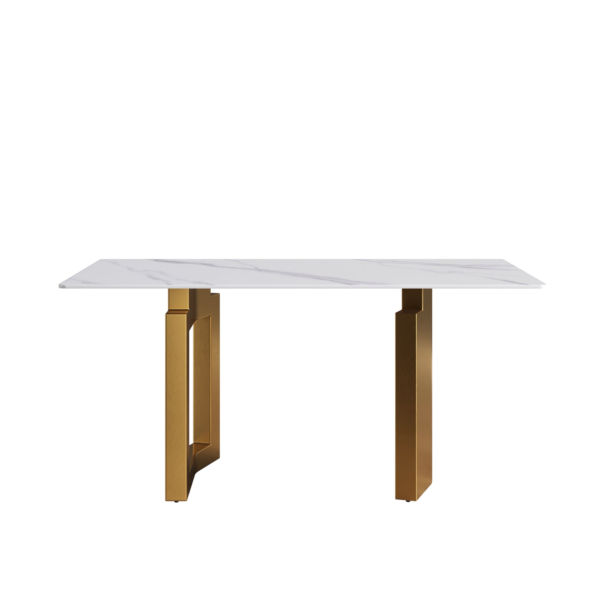 63"Modern Artificial Stone White Straight Edge Golden Metal Leg Dining Table 6 People White Metal Sintered Stone