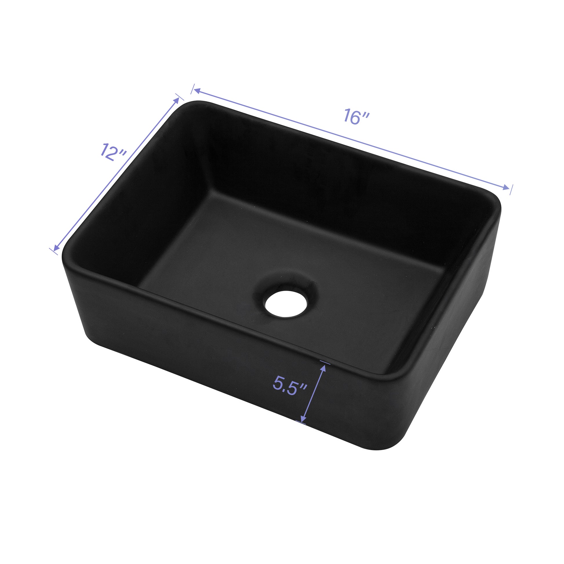 16"X12" Black Ceramic Rectangular Vessel Bathroom Sink Matte Black Ceramic