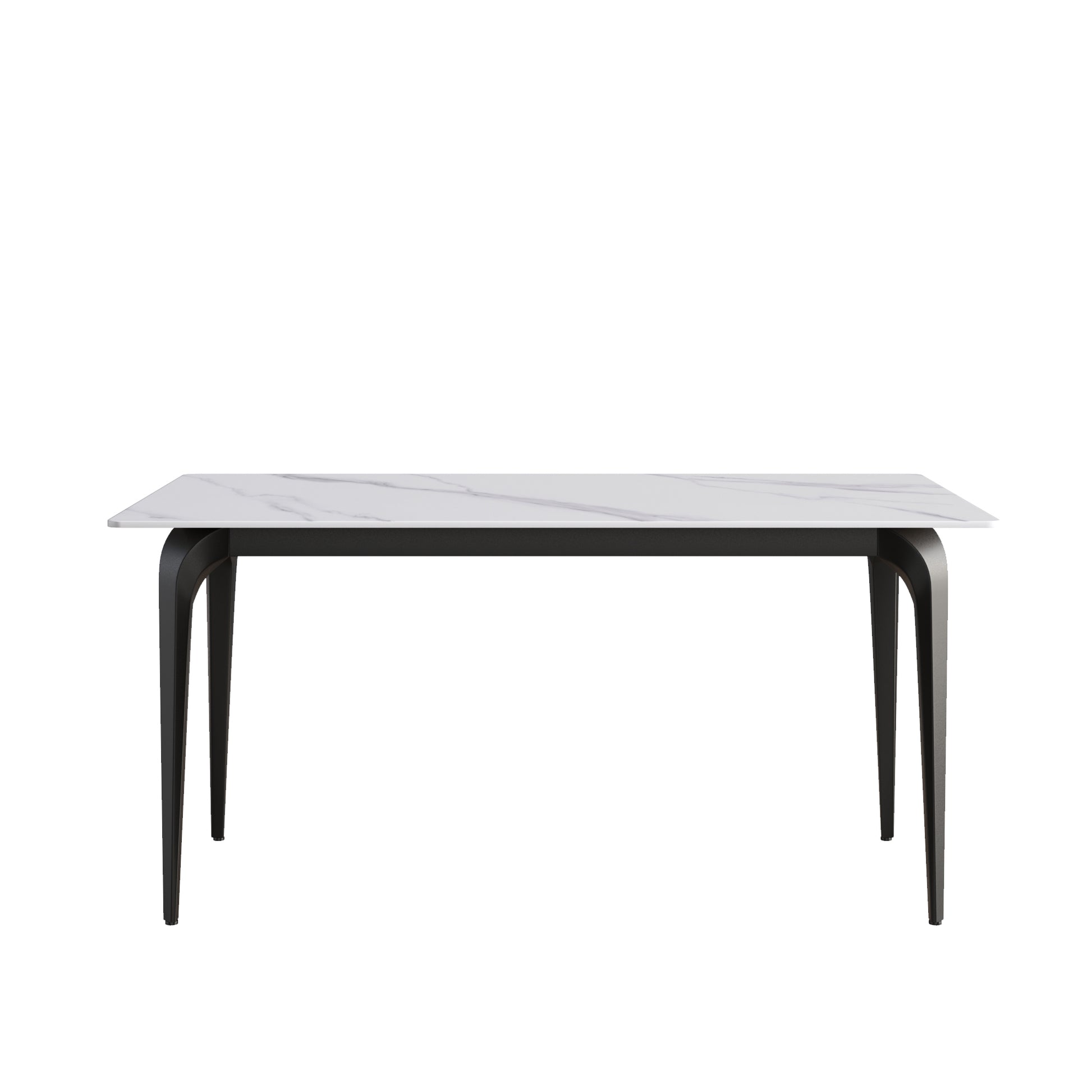 63"Modern Artificial Stone White Straight Edge Black Metal Leg Dining Table 6 People White Metal Sintered Stone
