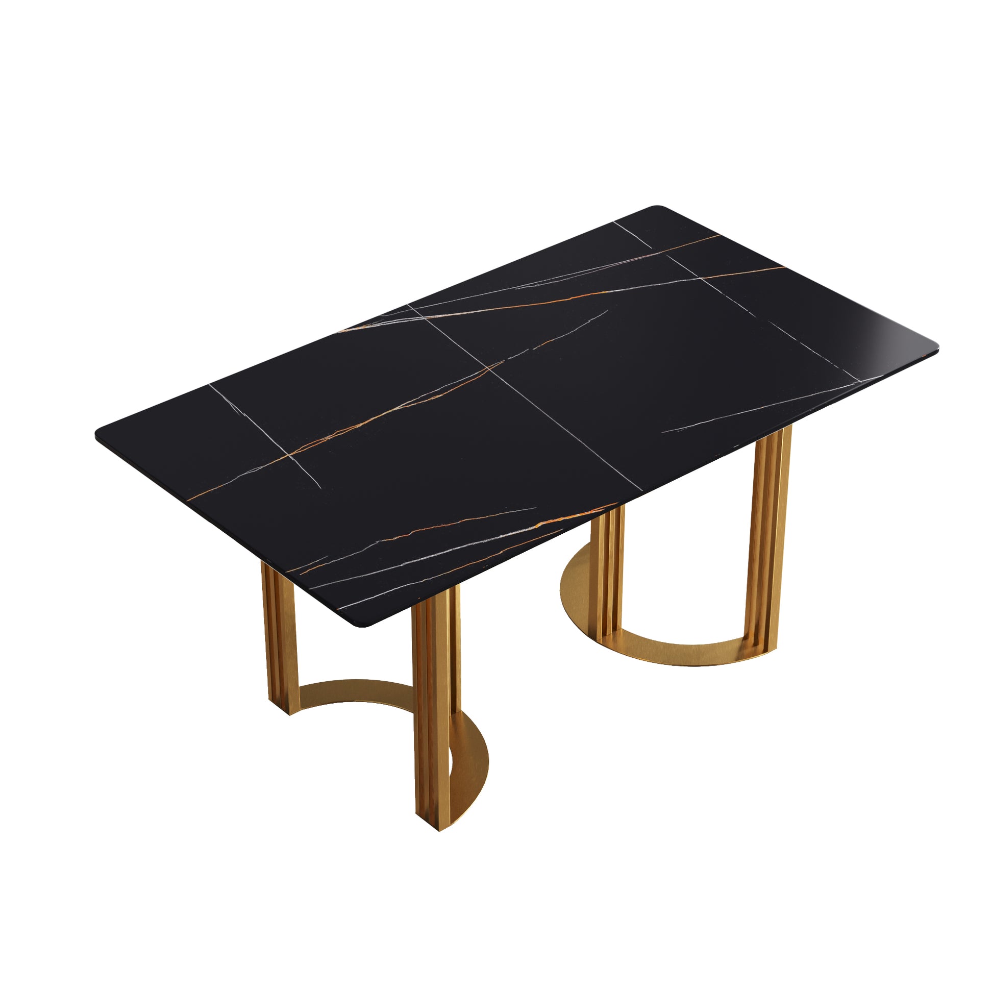 63"Modern Artificial Stone Black Straight Edge Golden Metal Leg Dining Table 6 People Black Metal Sintered Stone