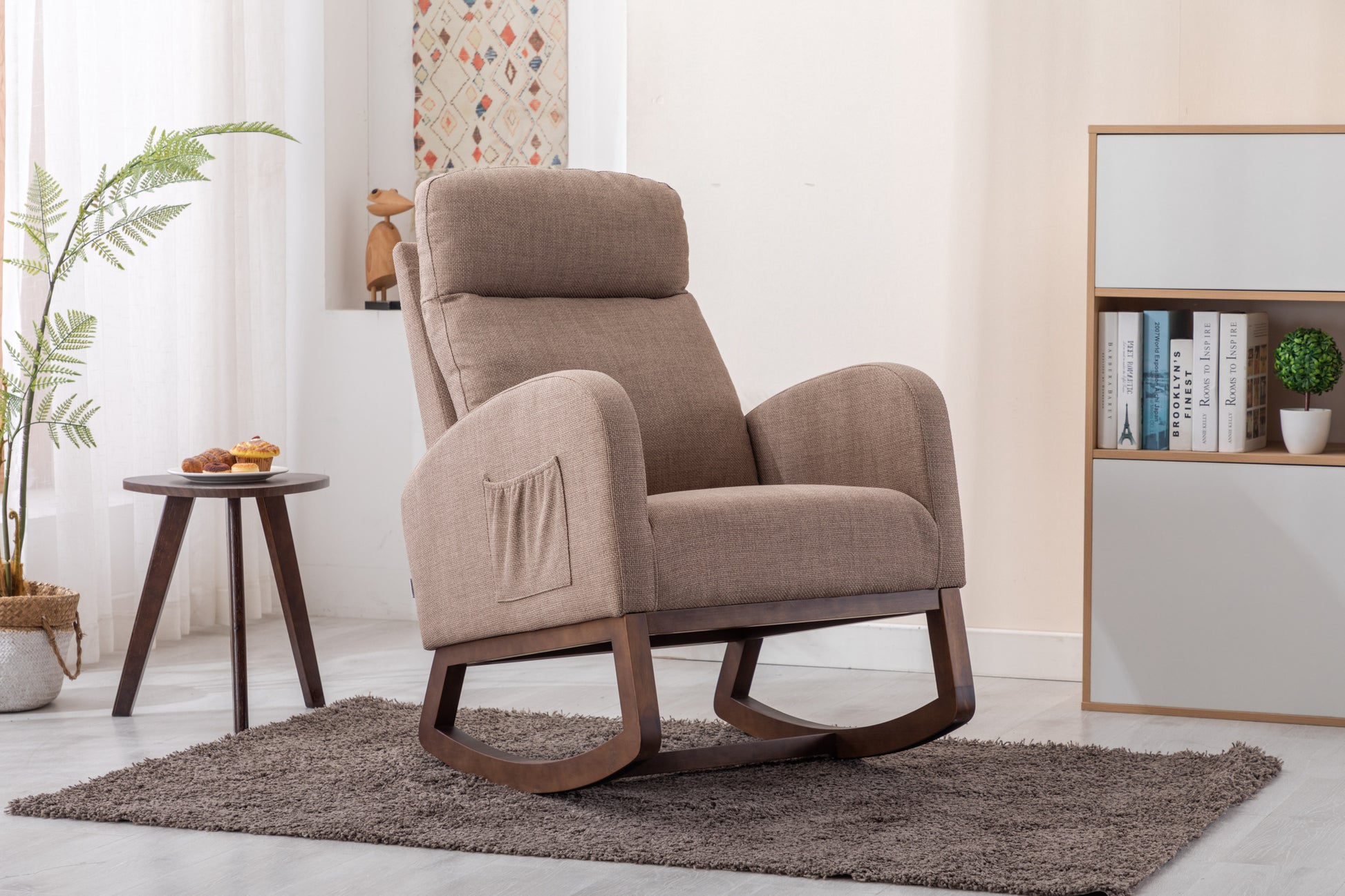 Coolmore Rocking Chair, Modern Glider Chair, Recliner Armchair With Wood Legs And Side Pocket, Nursery Rocking Accent Chair With High Back For Living Room Bedroom Camel Linen Camel Foam Solid Wood