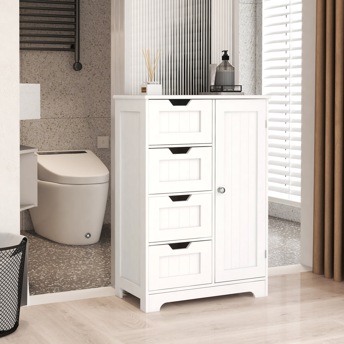 White Freestanding Floor Storage Cabinet With Adjustable Shelves, 4 Drawers And 1 Door White Mdf