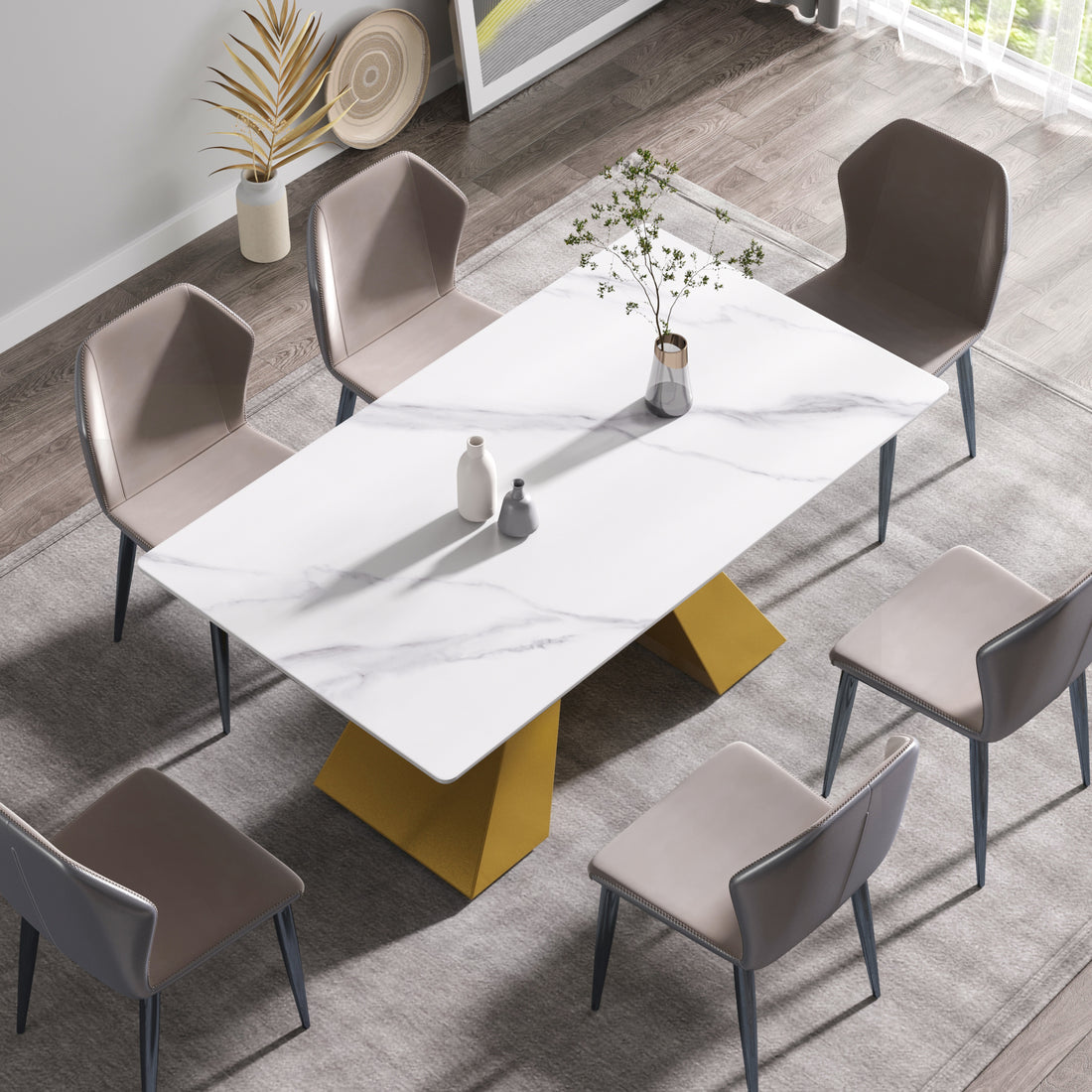 63"Modern Artificial Stone White Straight Edge Golden Metal Leg Dining Table 6 People White Metal Sintered Stone