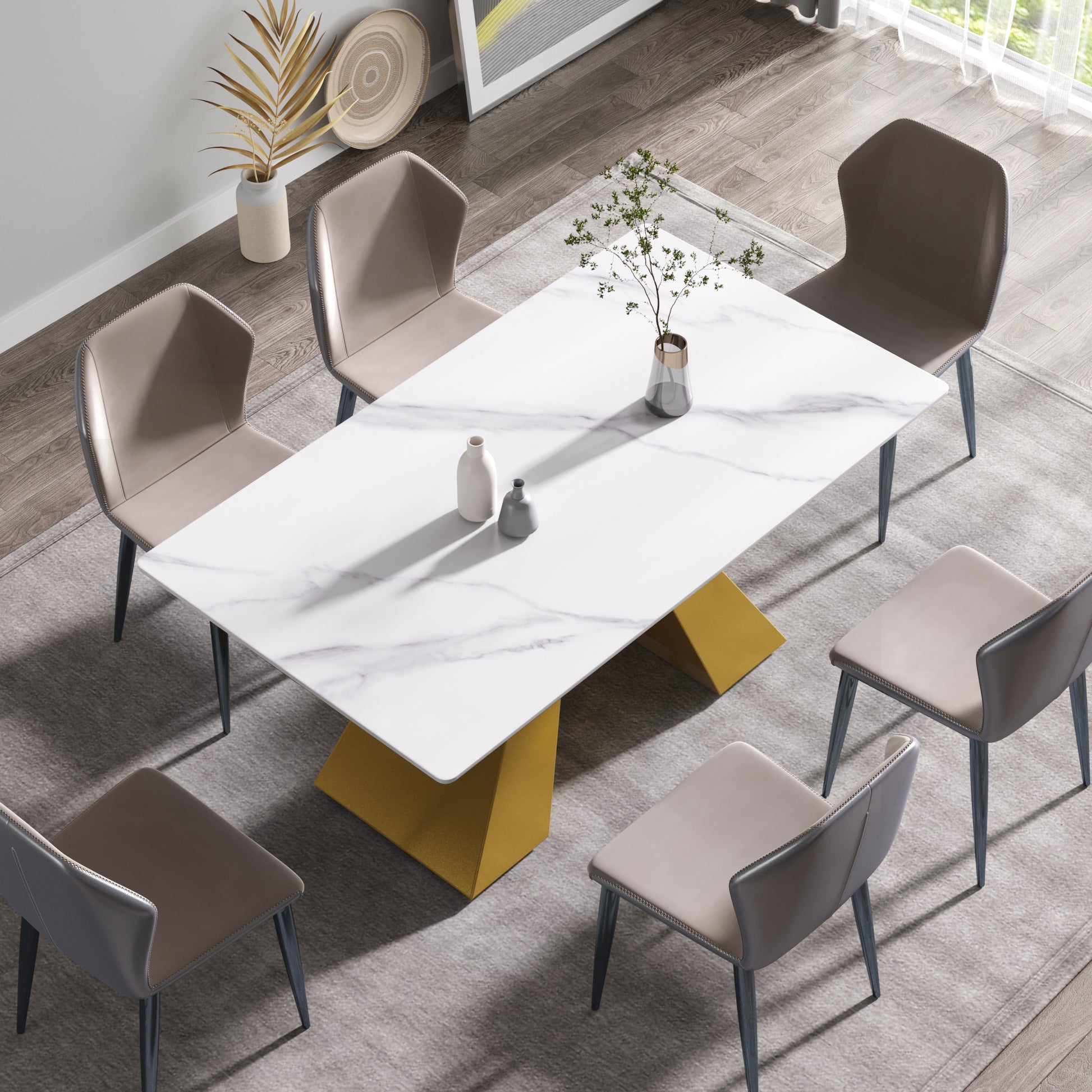 63"Modern Artificial Stone White Straight Edge Golden Metal Leg Dining Table 6 People White Metal Sintered Stone