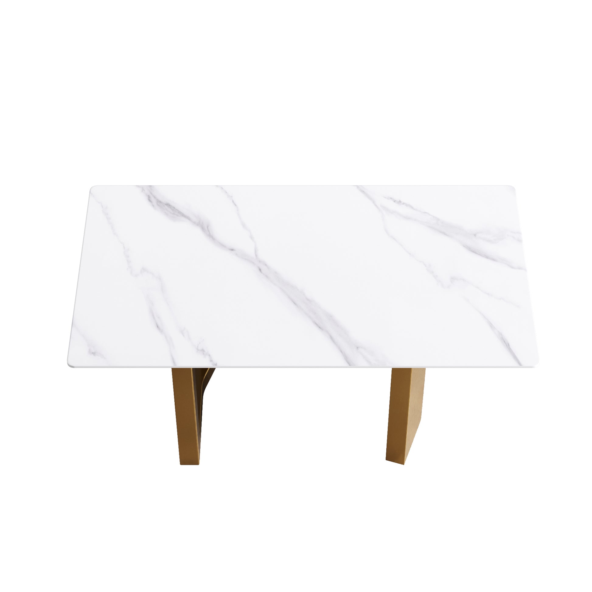 63"Modern Artificial Stone White Straight Edge Golden Metal Leg Dining Table 6 People White Metal Sintered Stone